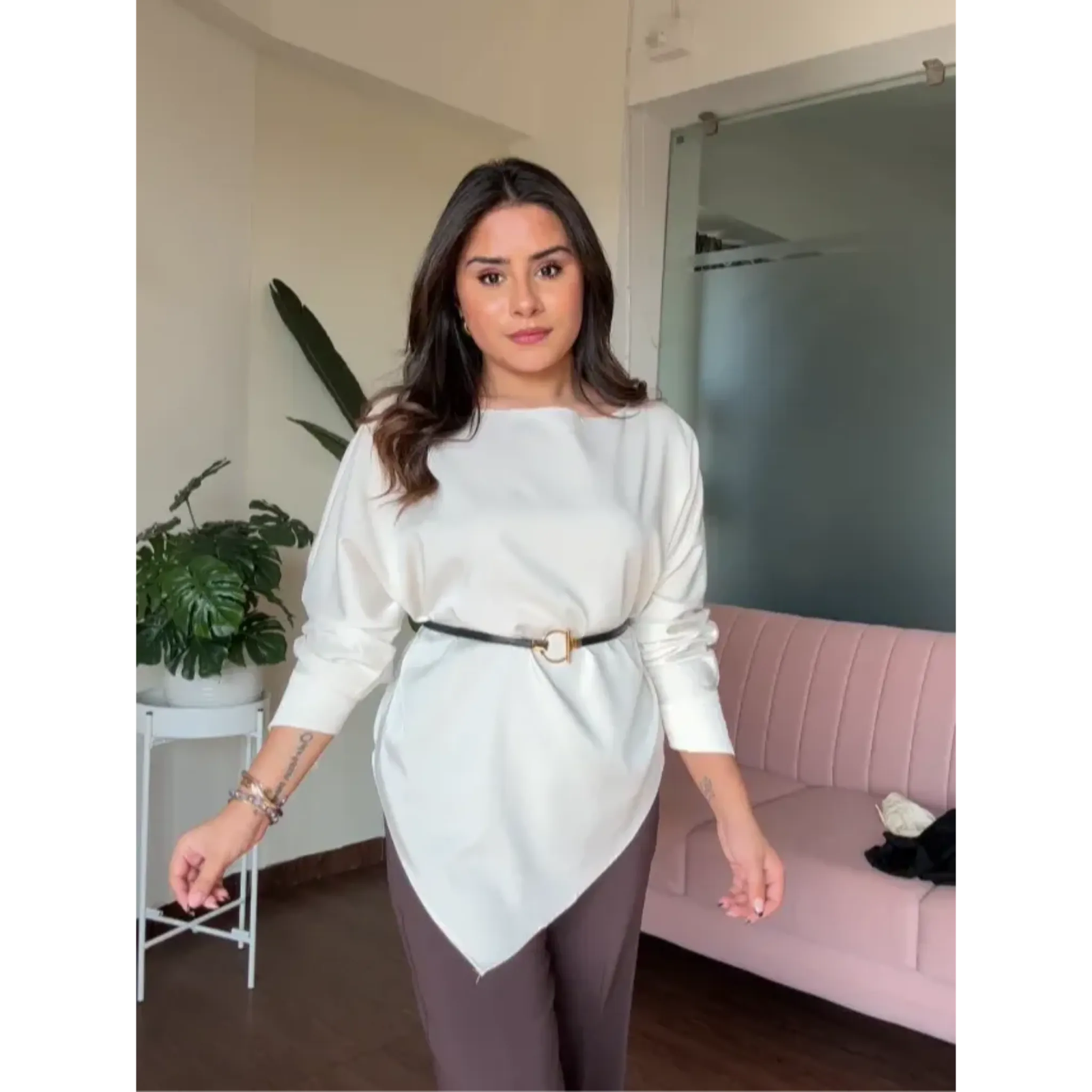V Shape Hem Blouse With Belt