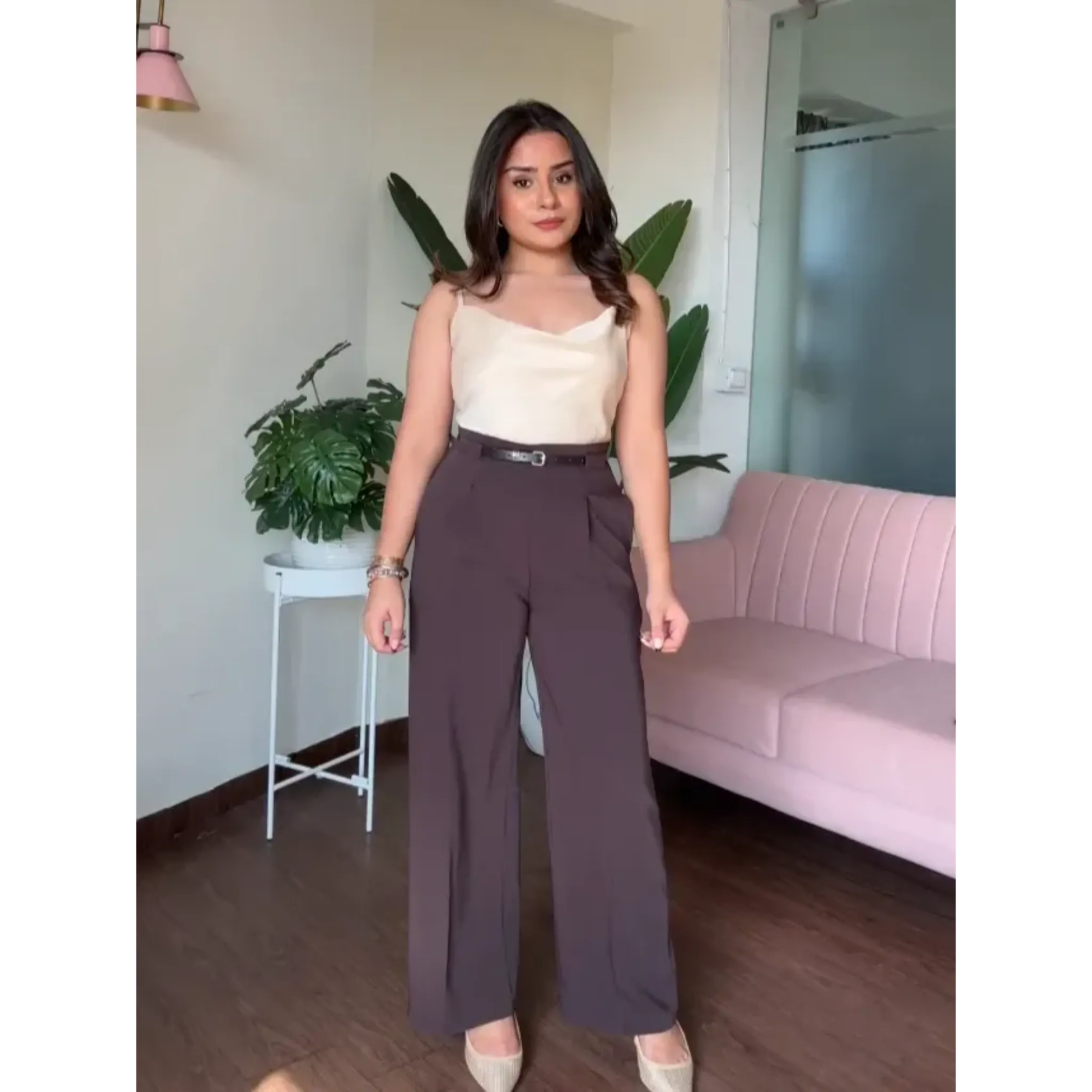 Straight Fit Wide Leg Pants With Belt For Women