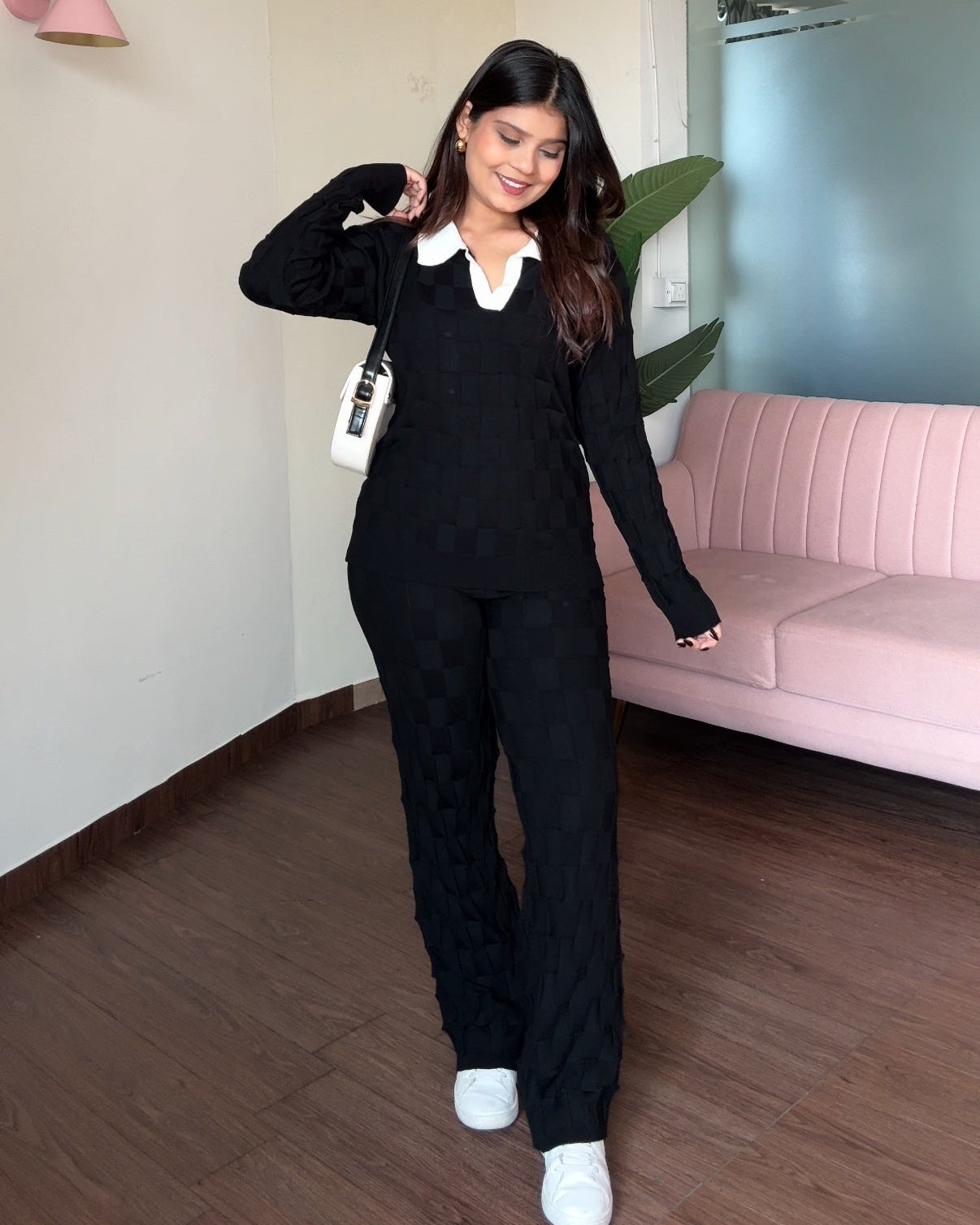 Textured Contrast Collar Fitted Co-ord Set