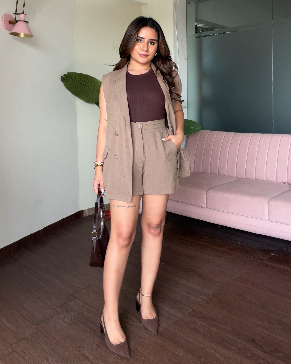 Linen Blazer With Cami Top And Shorts Co-ord Set