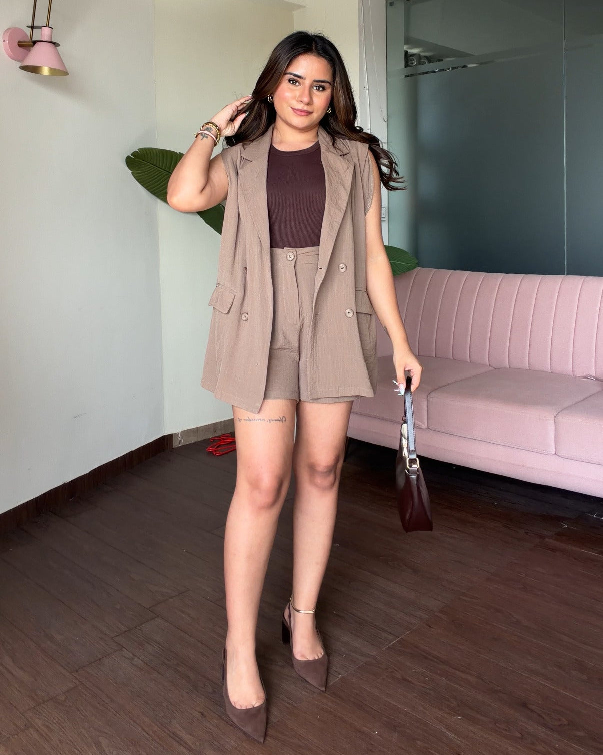 Linen Blazer With Cami Top And Shorts Co-ord Set