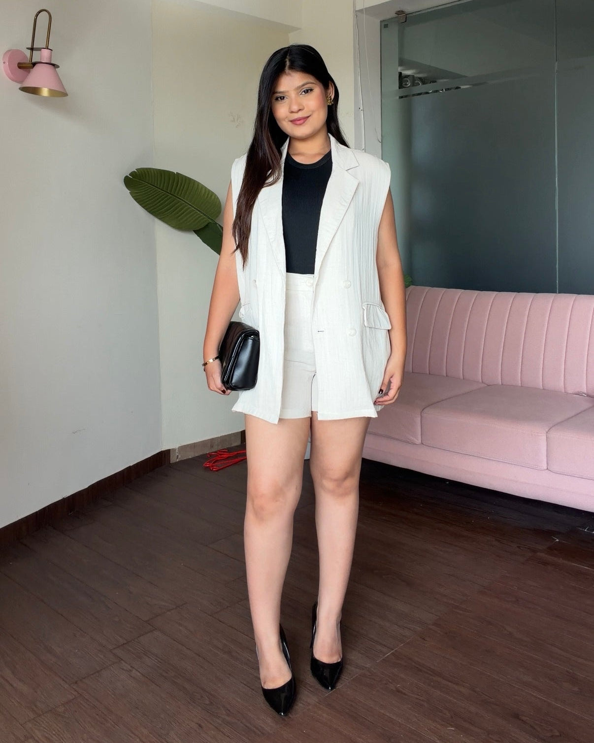 Linen Blazer With Cami Top And Shorts Co-ord Set