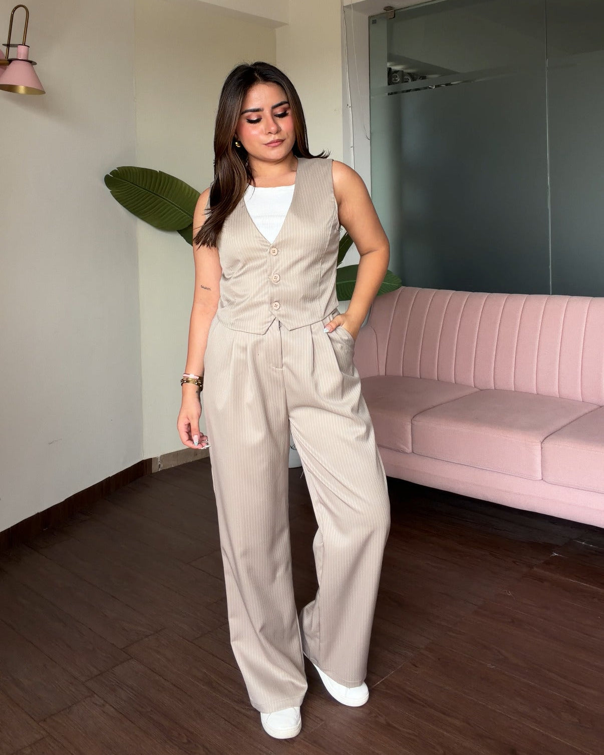 Striped Detailing Vest With Cami Top And Pants Co-ord Set