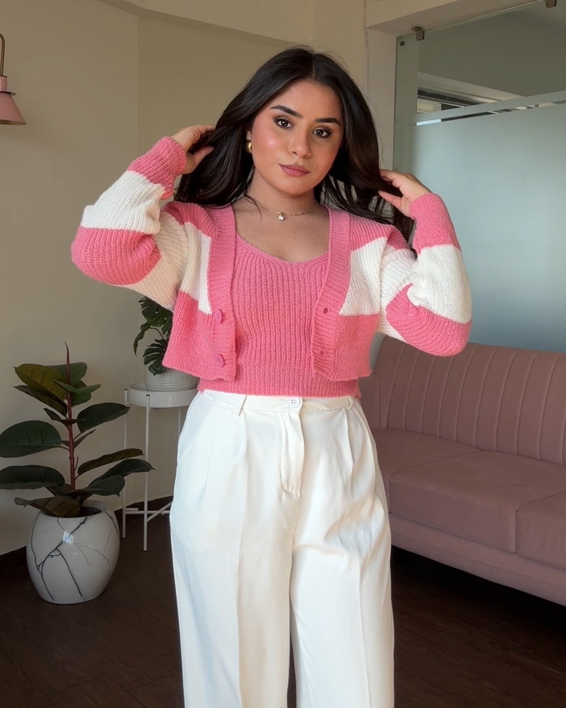 Stripped Crochet Woollen Cardigan Set