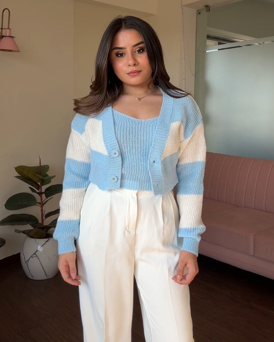 Stripped Crochet Woollen Cardigan Set