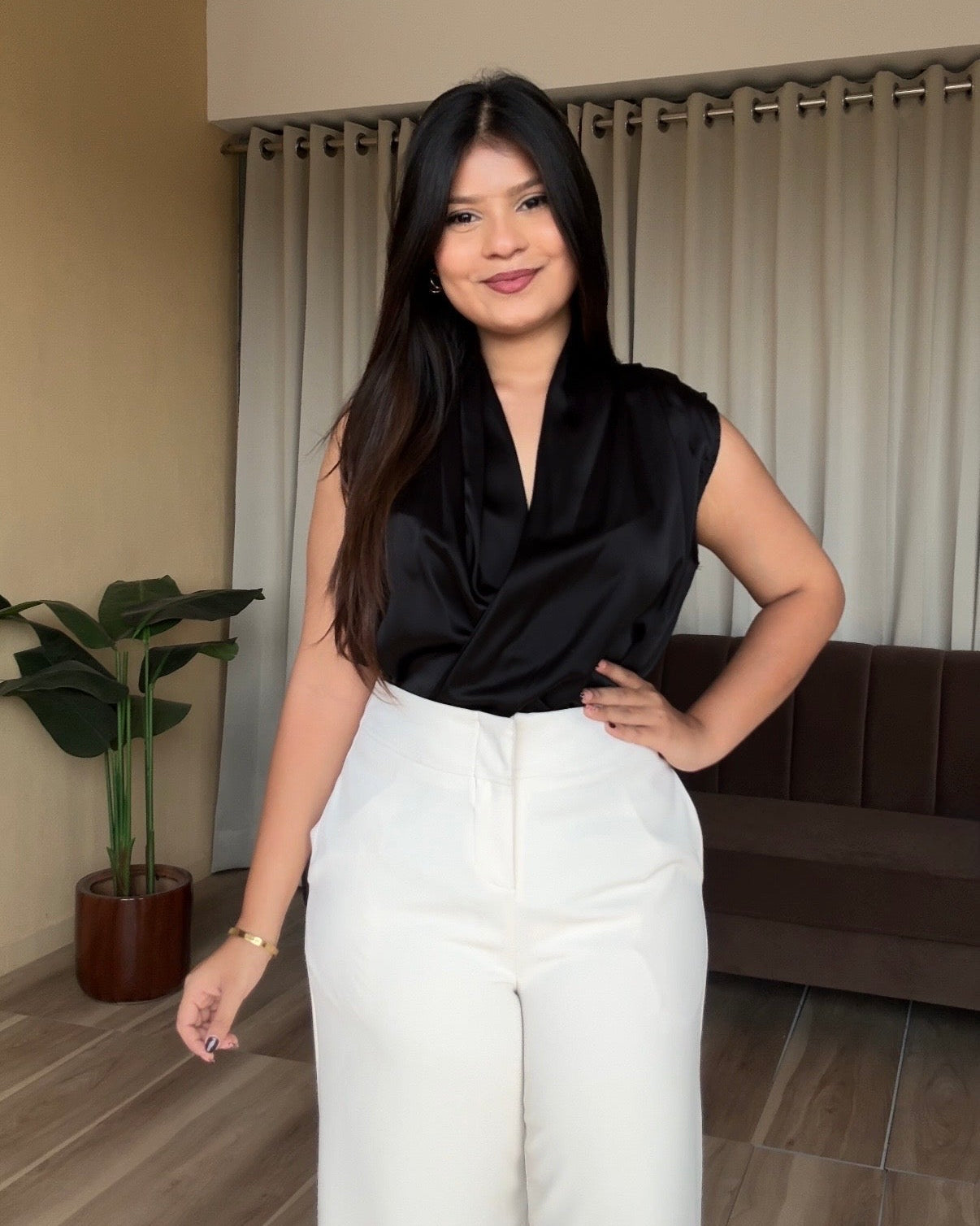 V Neck Draped Satin Blouse