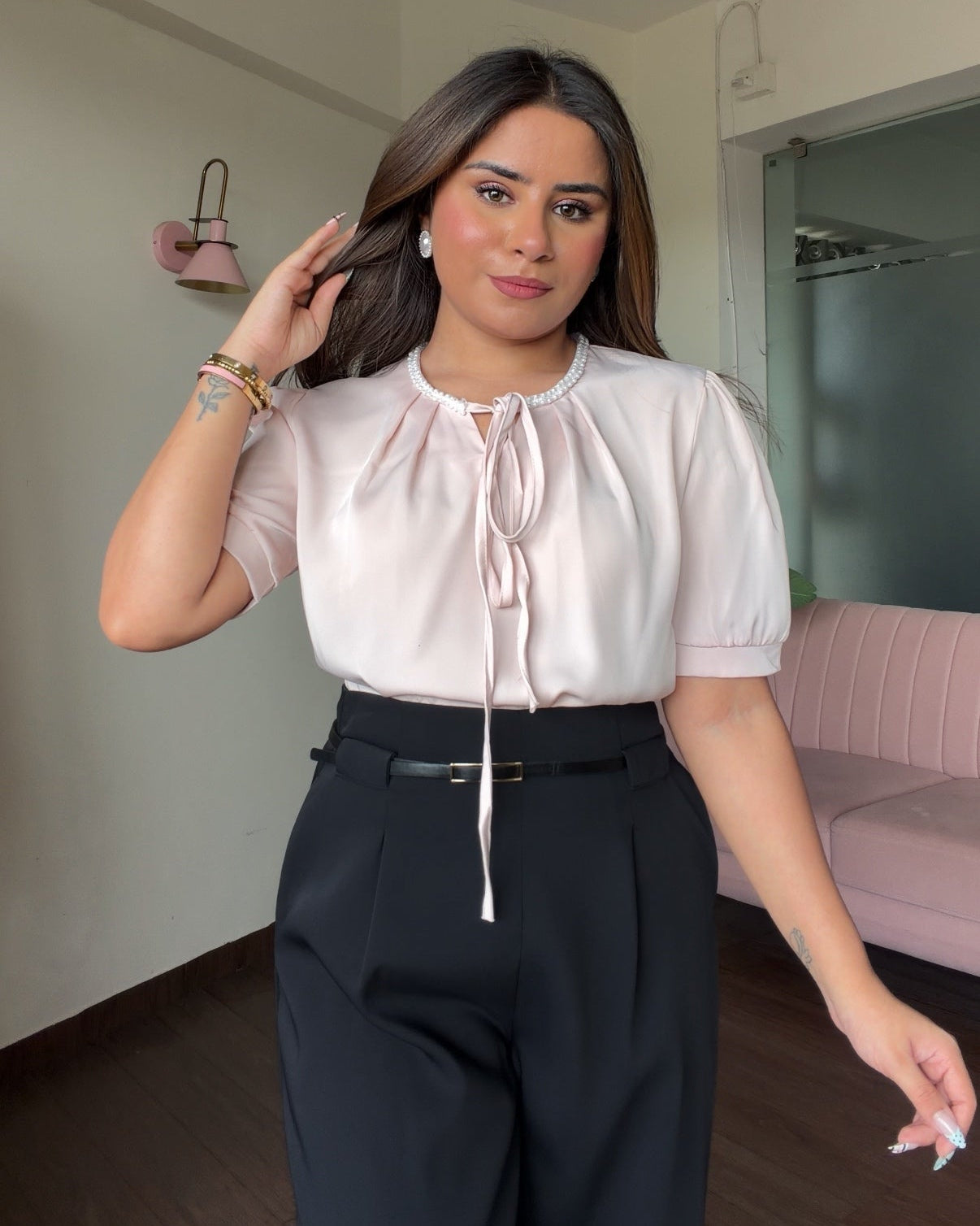 Pearl Collar Detailing Tie Up Satin Blouse