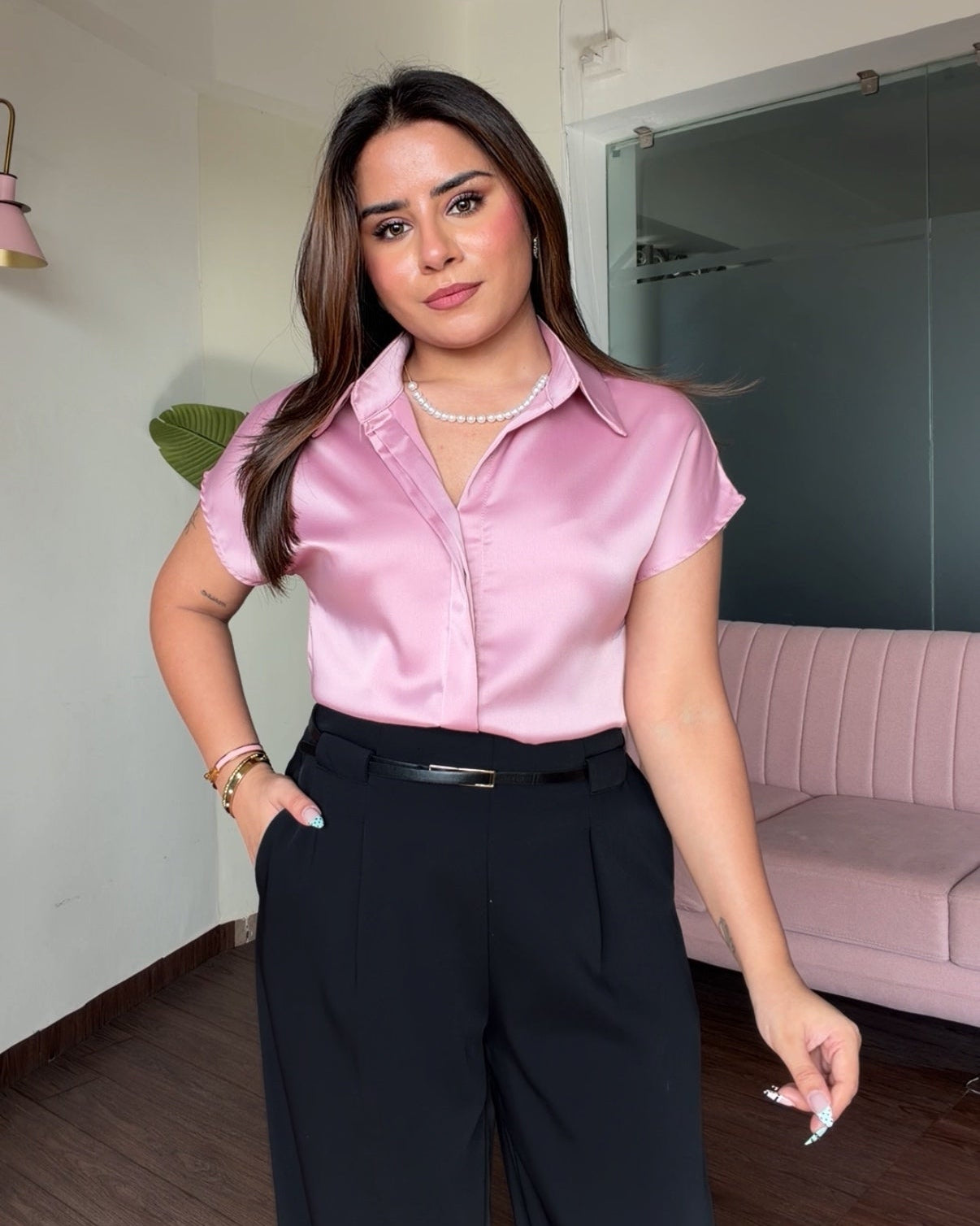 Cut Sleeve Detailing Satin Blouse With Pearl Necklace