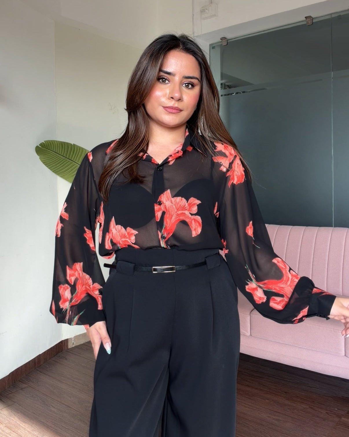 Sheer Hibiscus Detailing Chiffon Shirt