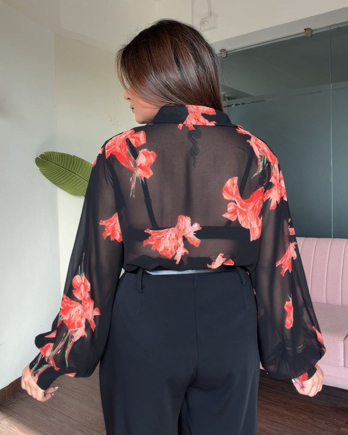 Sheer Hibiscus Detailing Chiffon Shirt