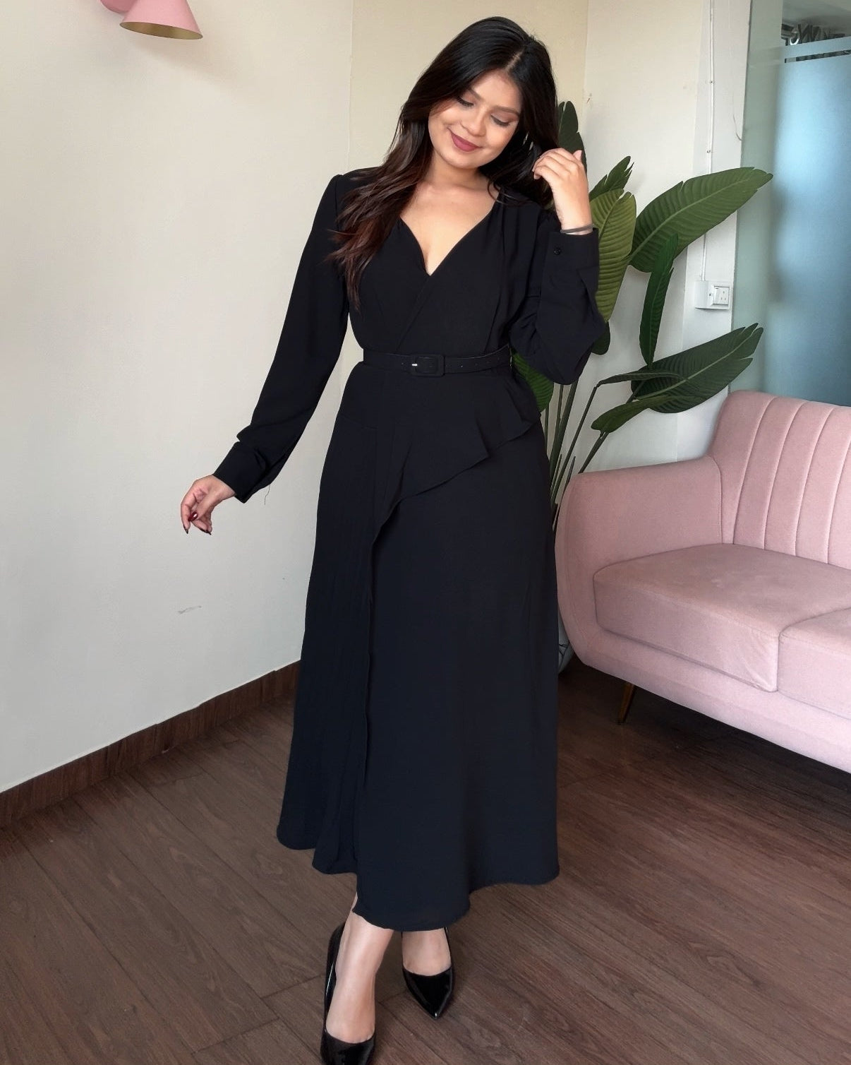 Pleated Formal Dress With Belt