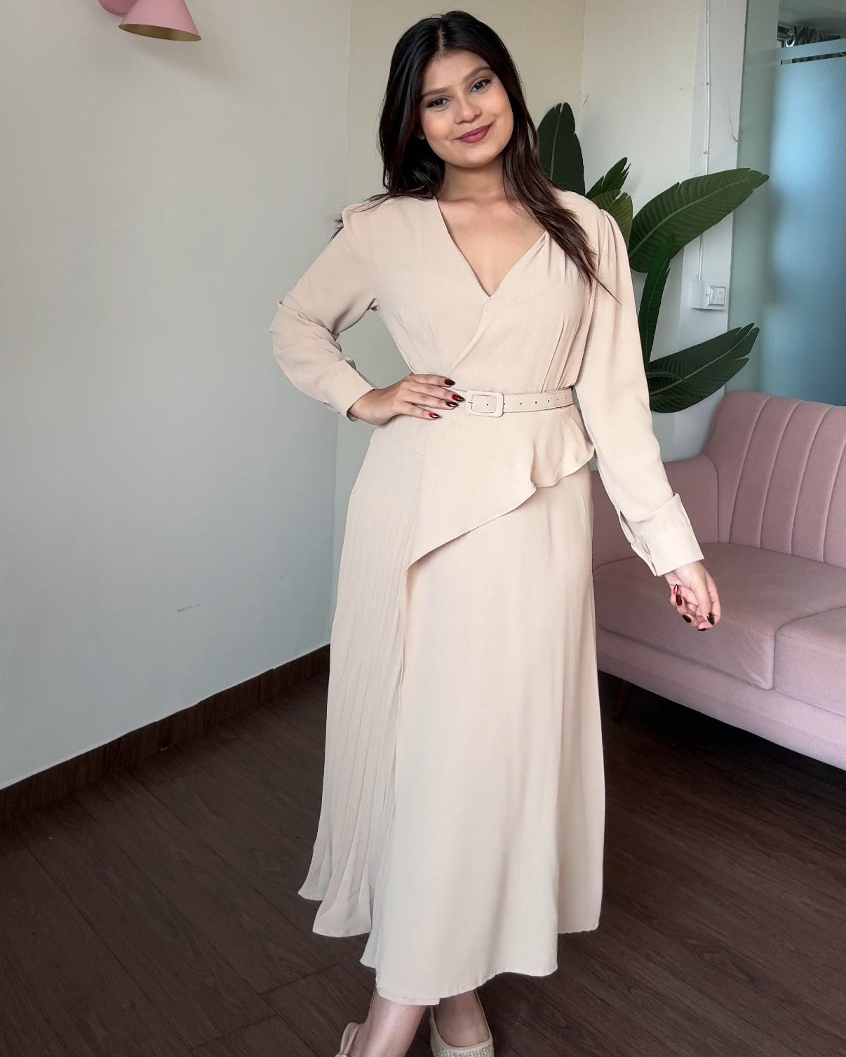 Pleated Formal Dress With Belt