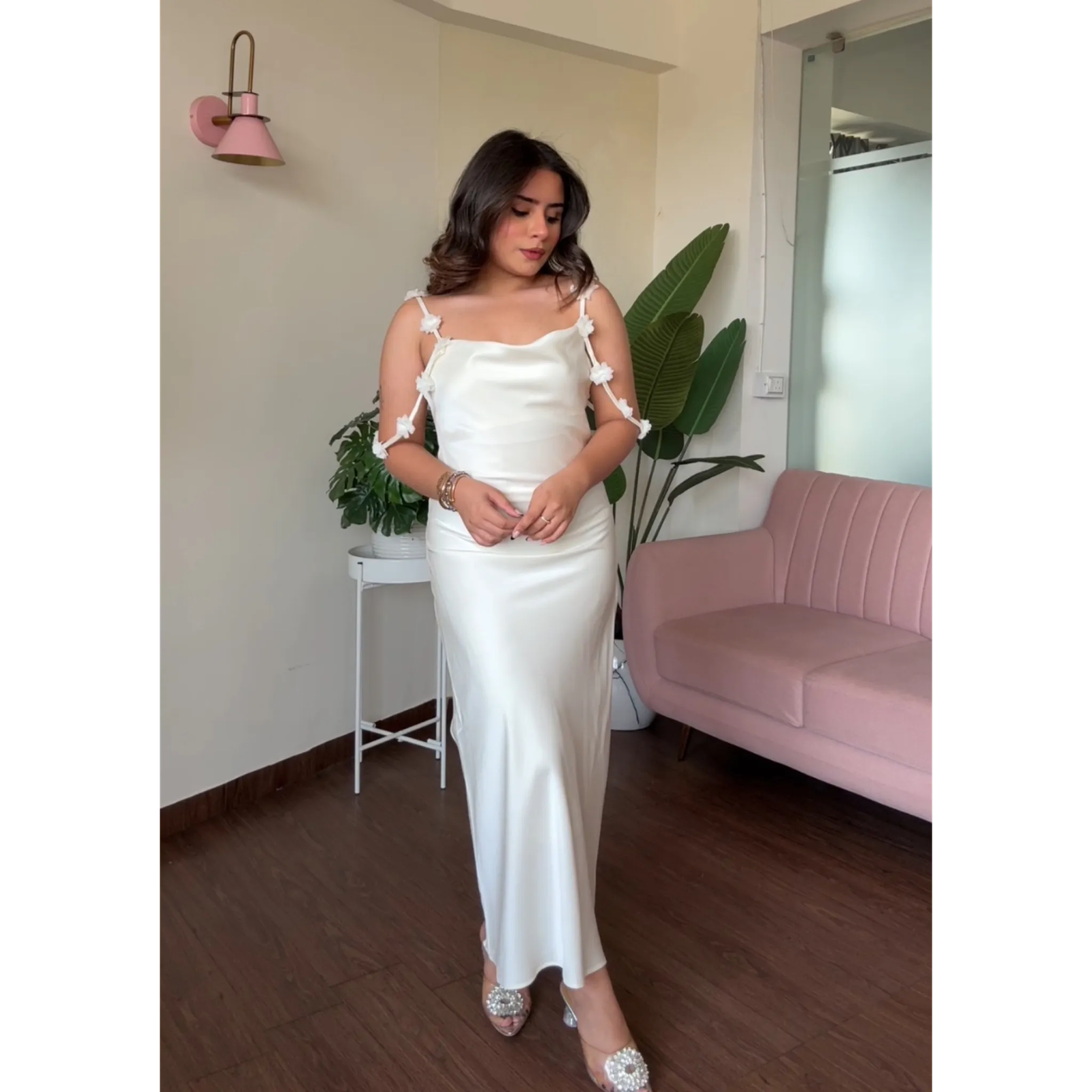 Satin Cowl Neck Flower Strap Dress