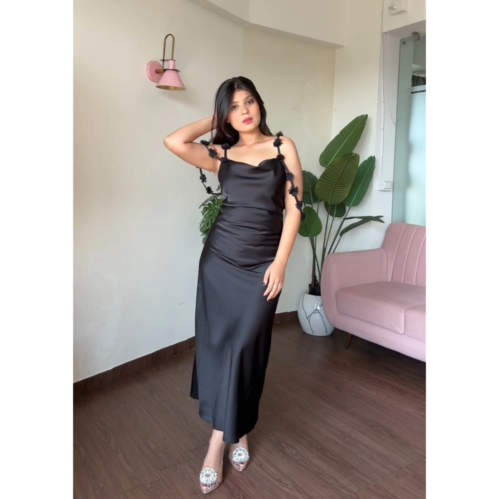 Satin Cowl Neck Flower Strap Dress