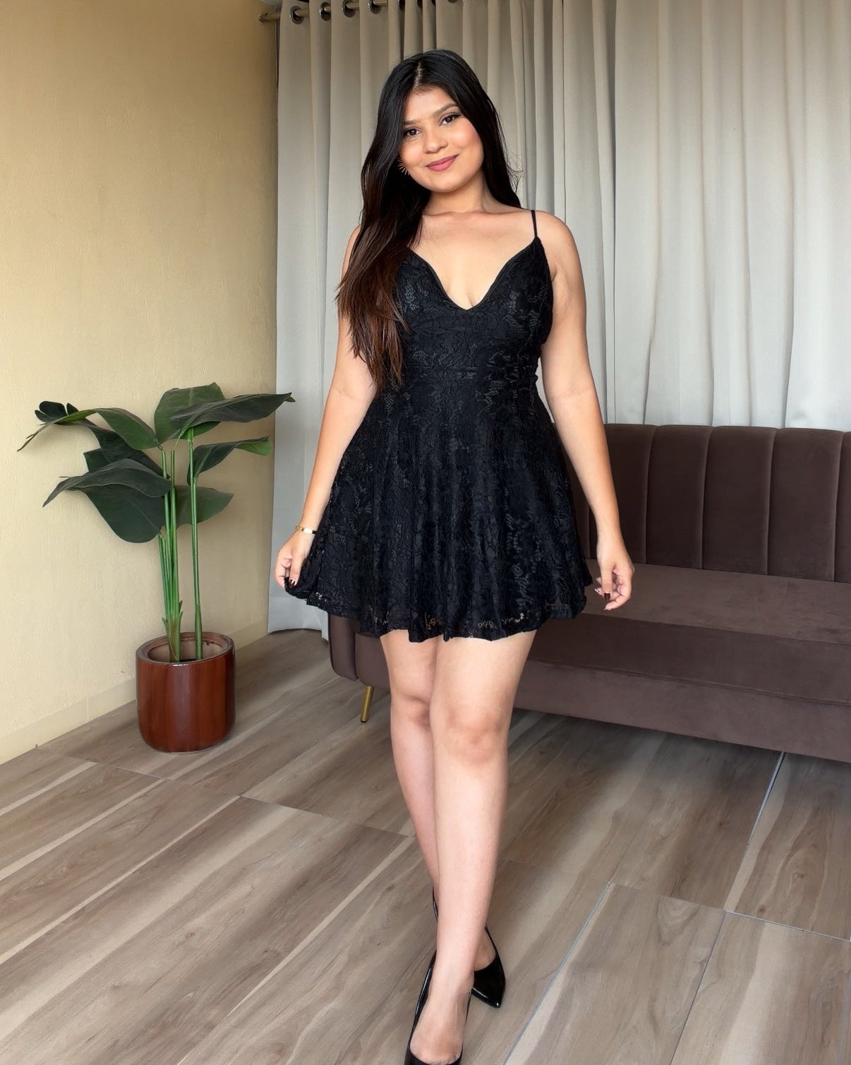 Back Tie Up Lace Detailing Padded Mini Dress