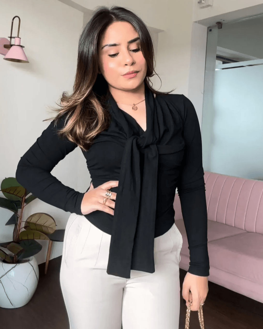 Full Sleeve Tie Up Cowl Neck Top
