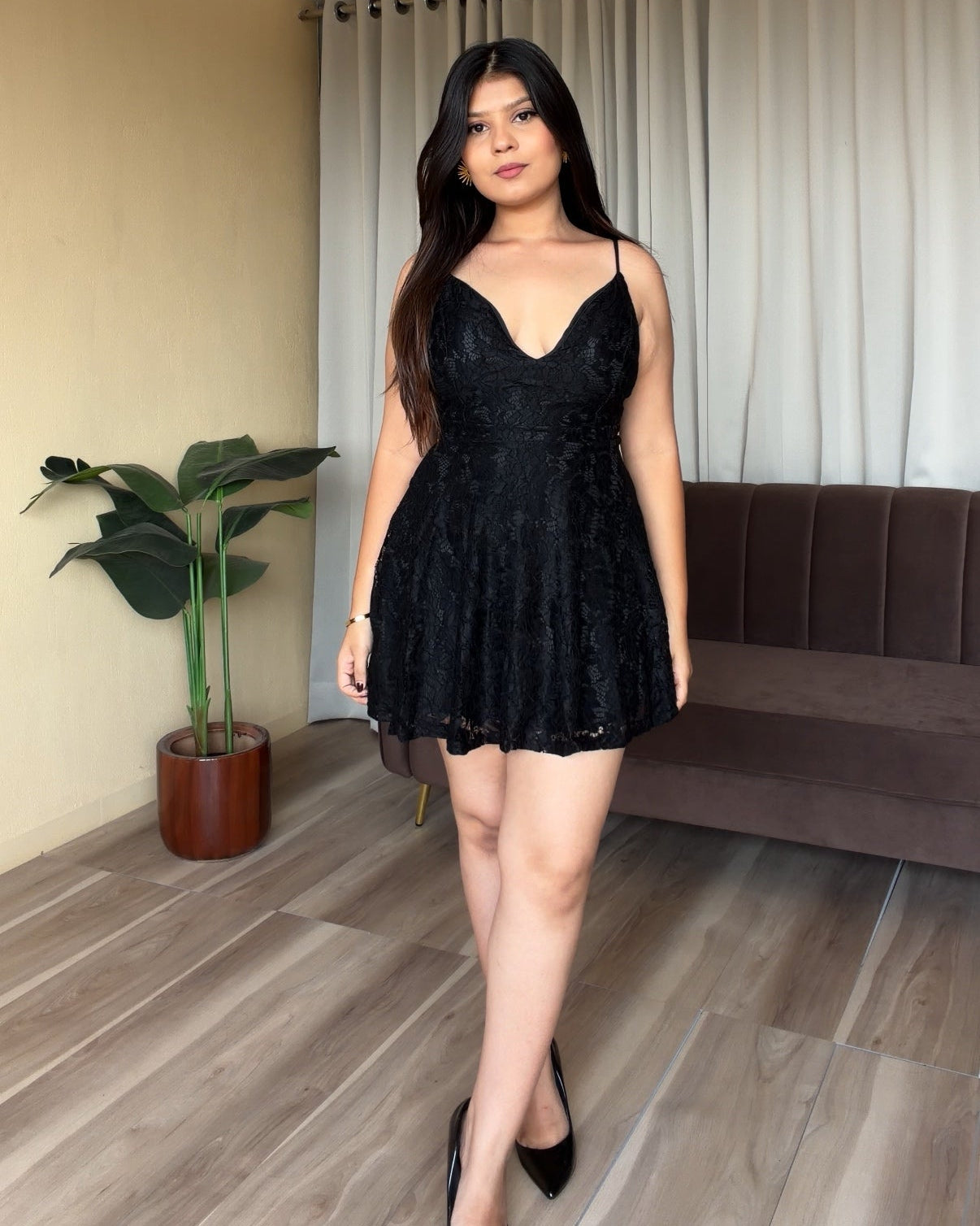 Back Tie Up Lace Detailing Padded Mini Dress