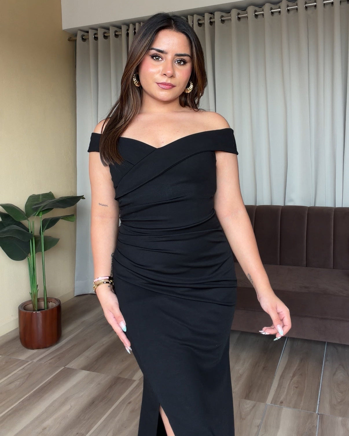 Off Shoulder Ruched Midi Dress With Slit