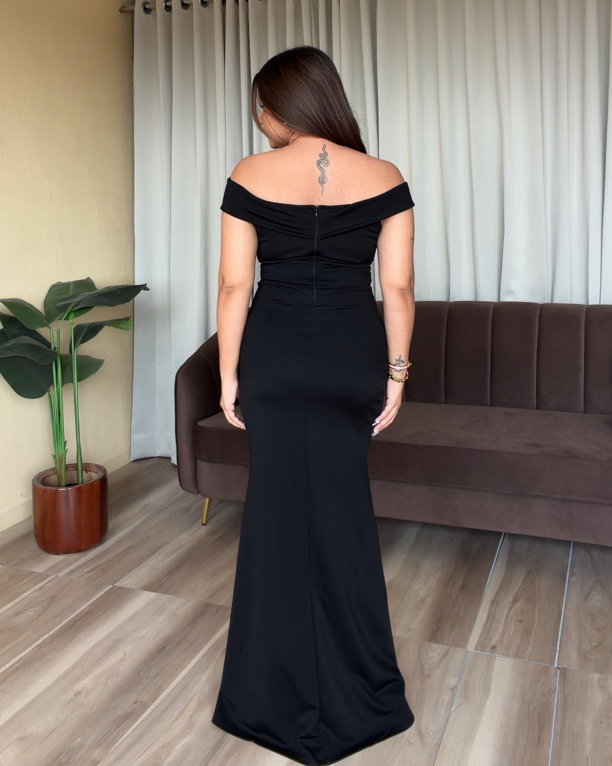 Off Shoulder Ruched Midi Dress With Slit