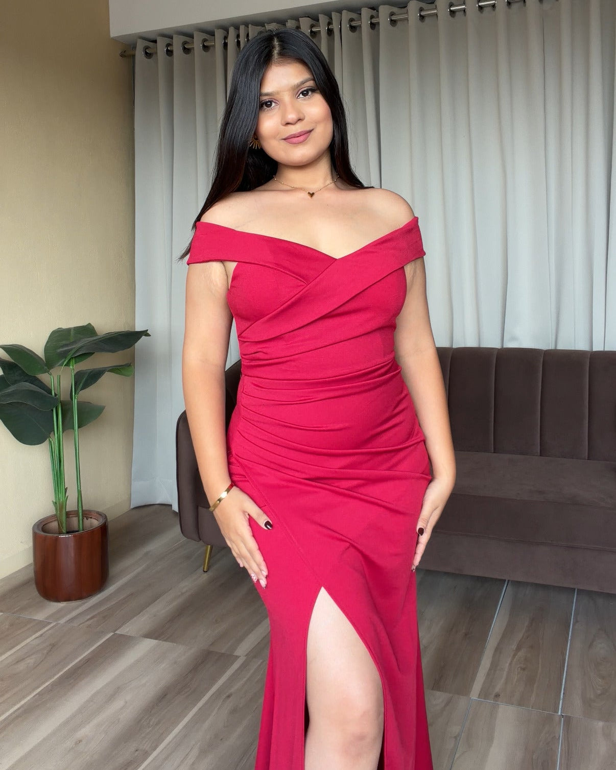 Off Shoulder Ruched Midi Dress With Slit