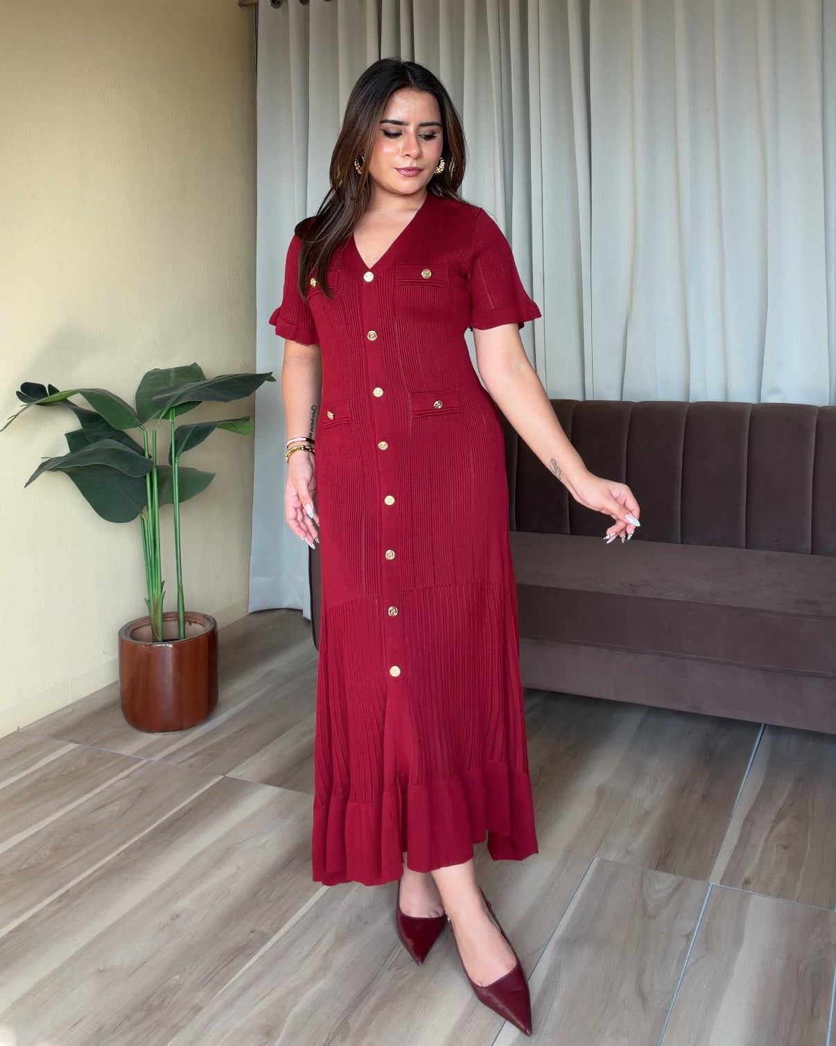 Golden Button Texture Midi Fit And Flared Dress