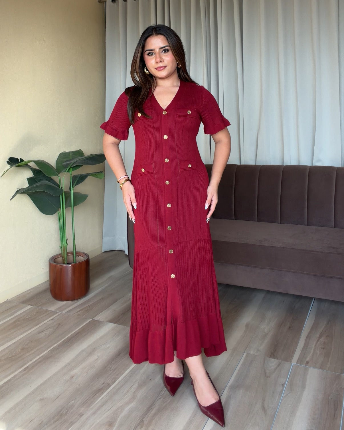 Golden Button Texture Midi Fit And Flared Dress