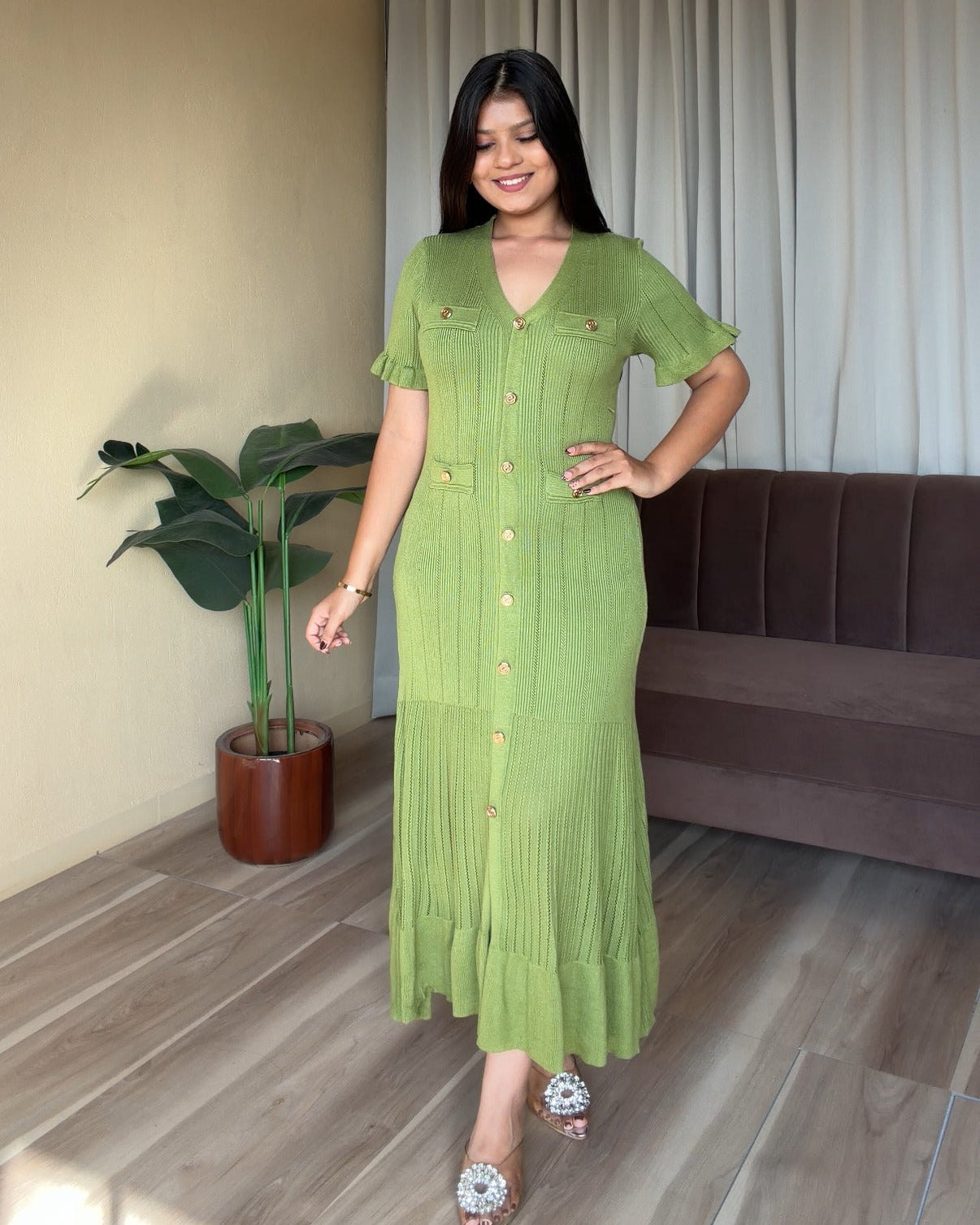 Golden Button Texture Midi Fit And Flared Dress