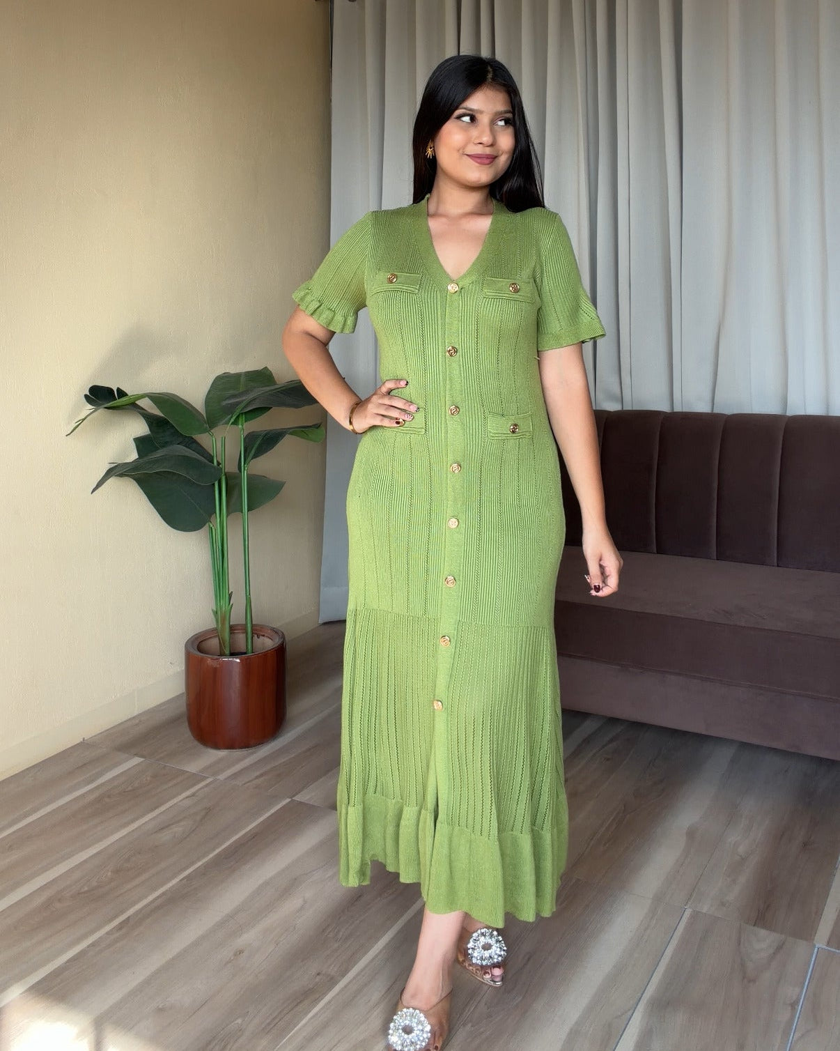 Golden Button Texture Midi Fit And Flared Dress