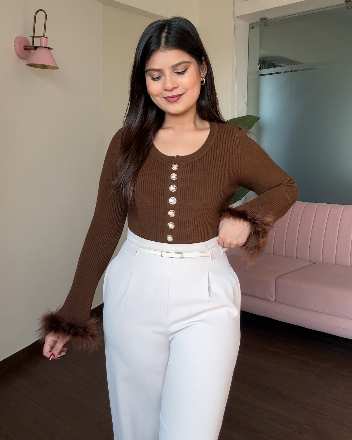 Golden Button Detailing Fur Full Sleeve Top