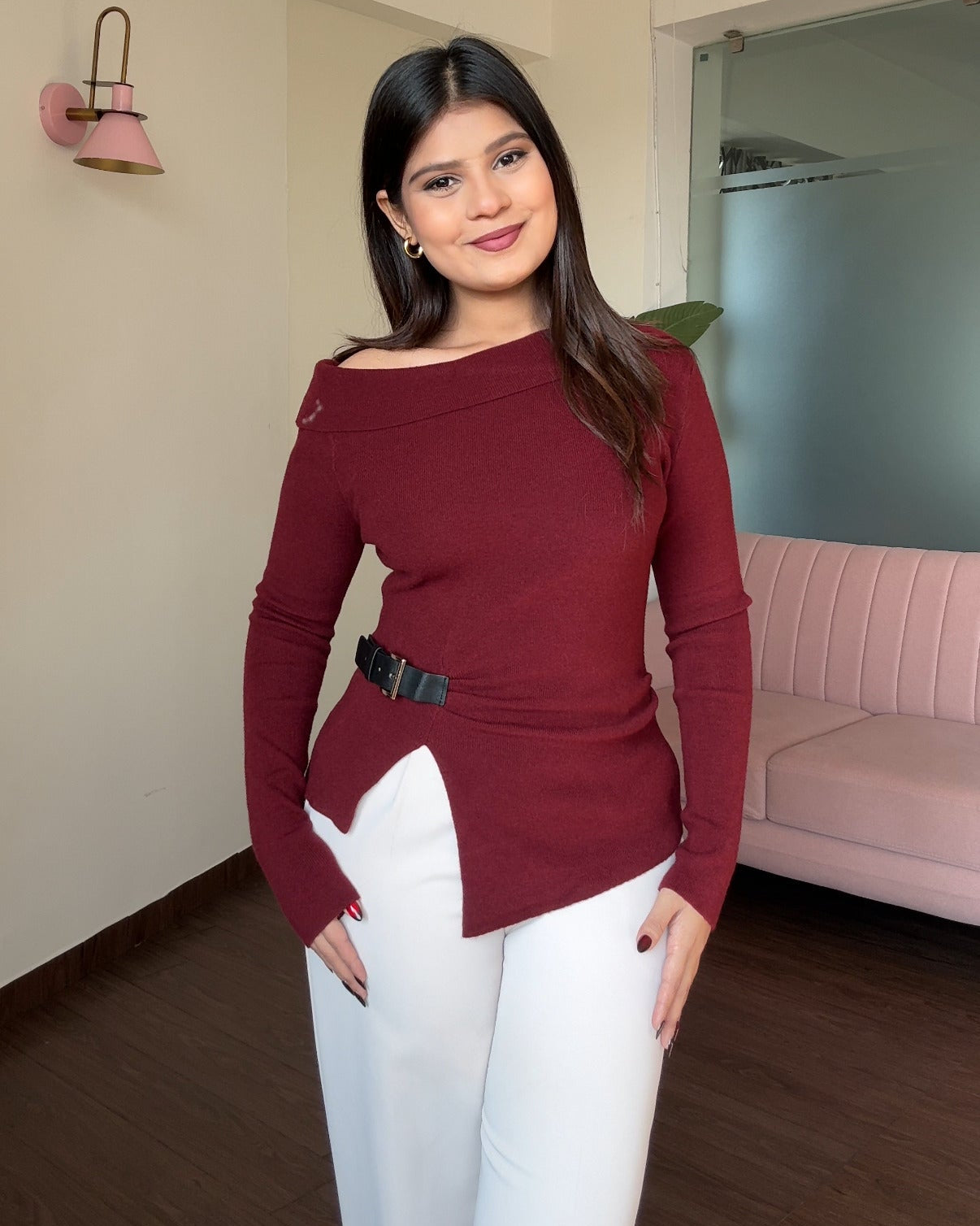 Belted Off Shoulder Knitted Top