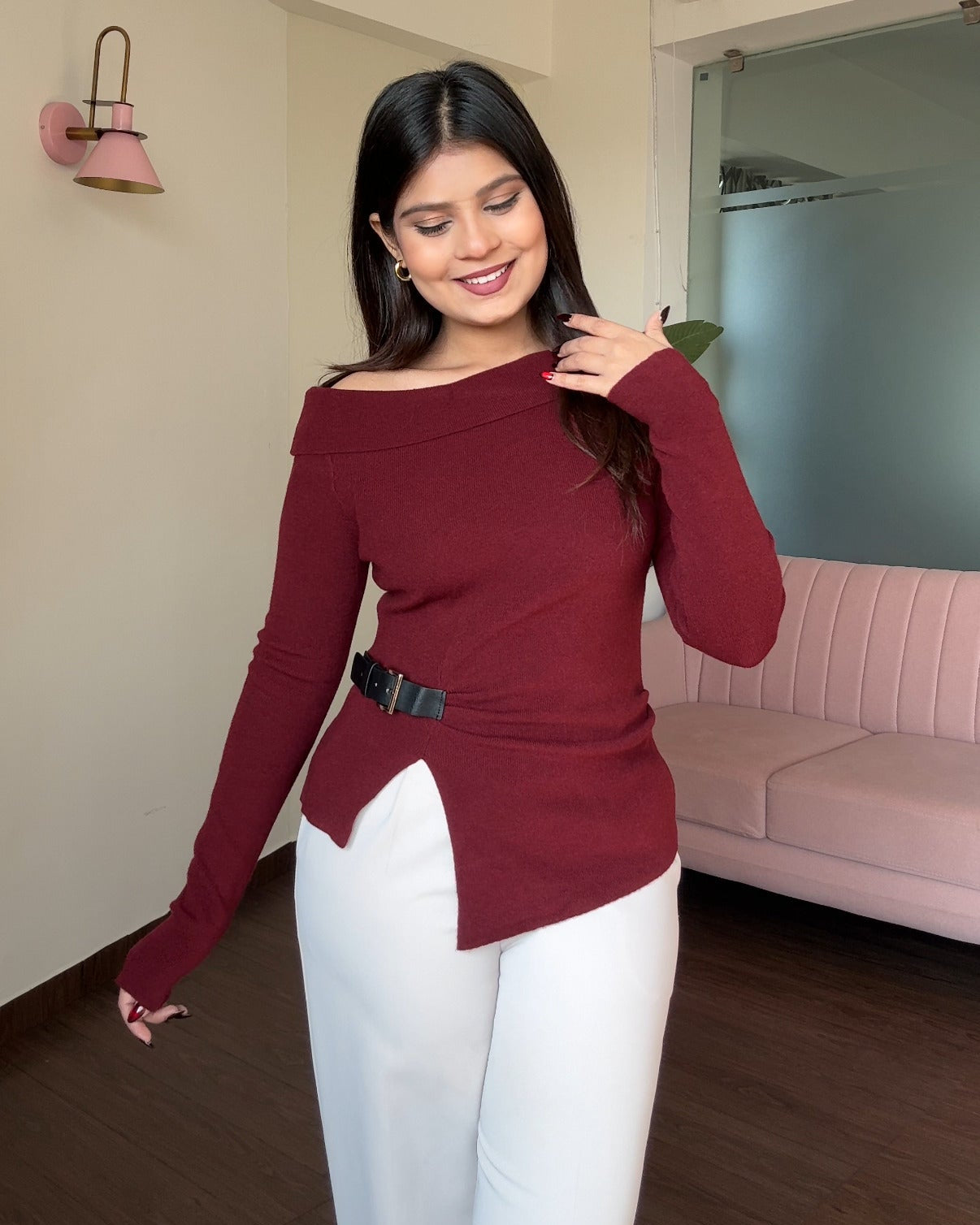 Belted Off Shoulder Knitted Top