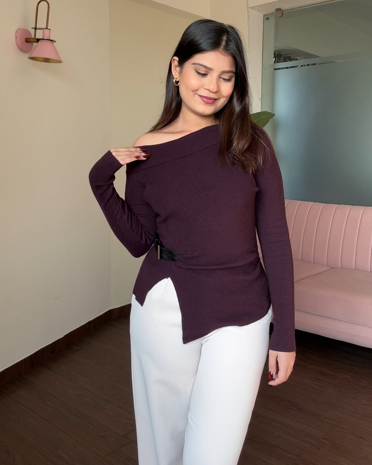 Belted Off Shoulder Knitted Top