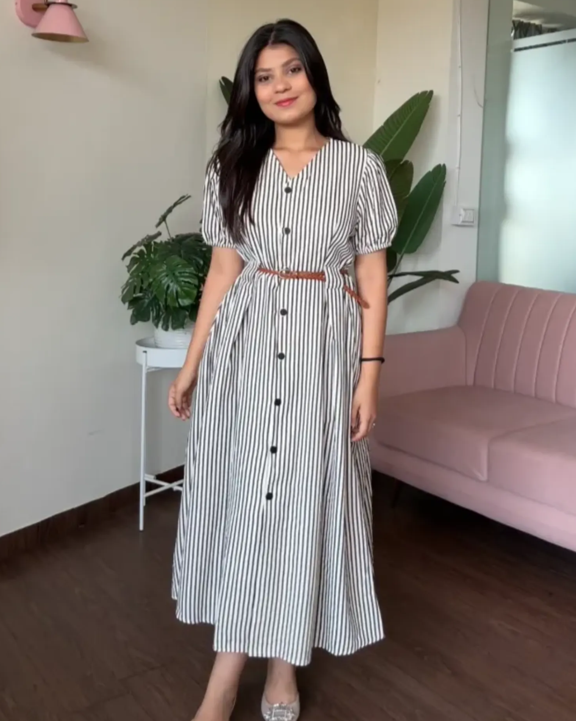 Striped  Flared Shirt Midi Dress With Belt