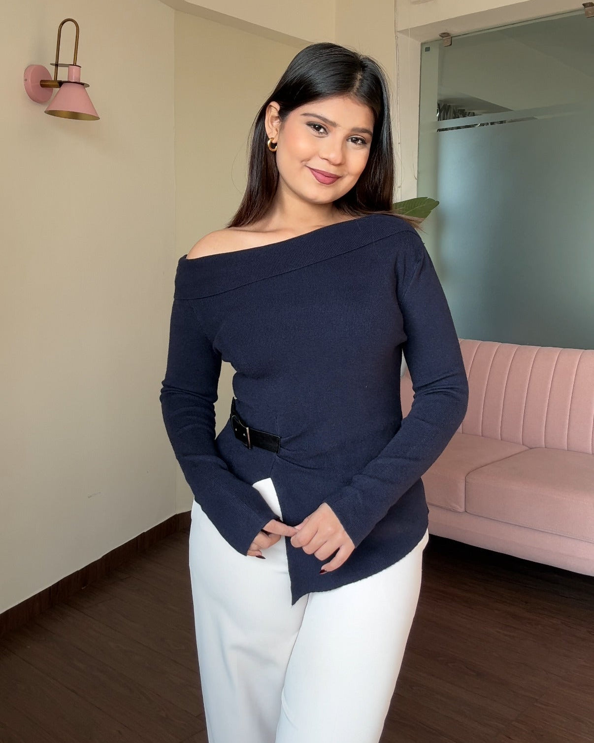 Belted Off Shoulder Knitted Top