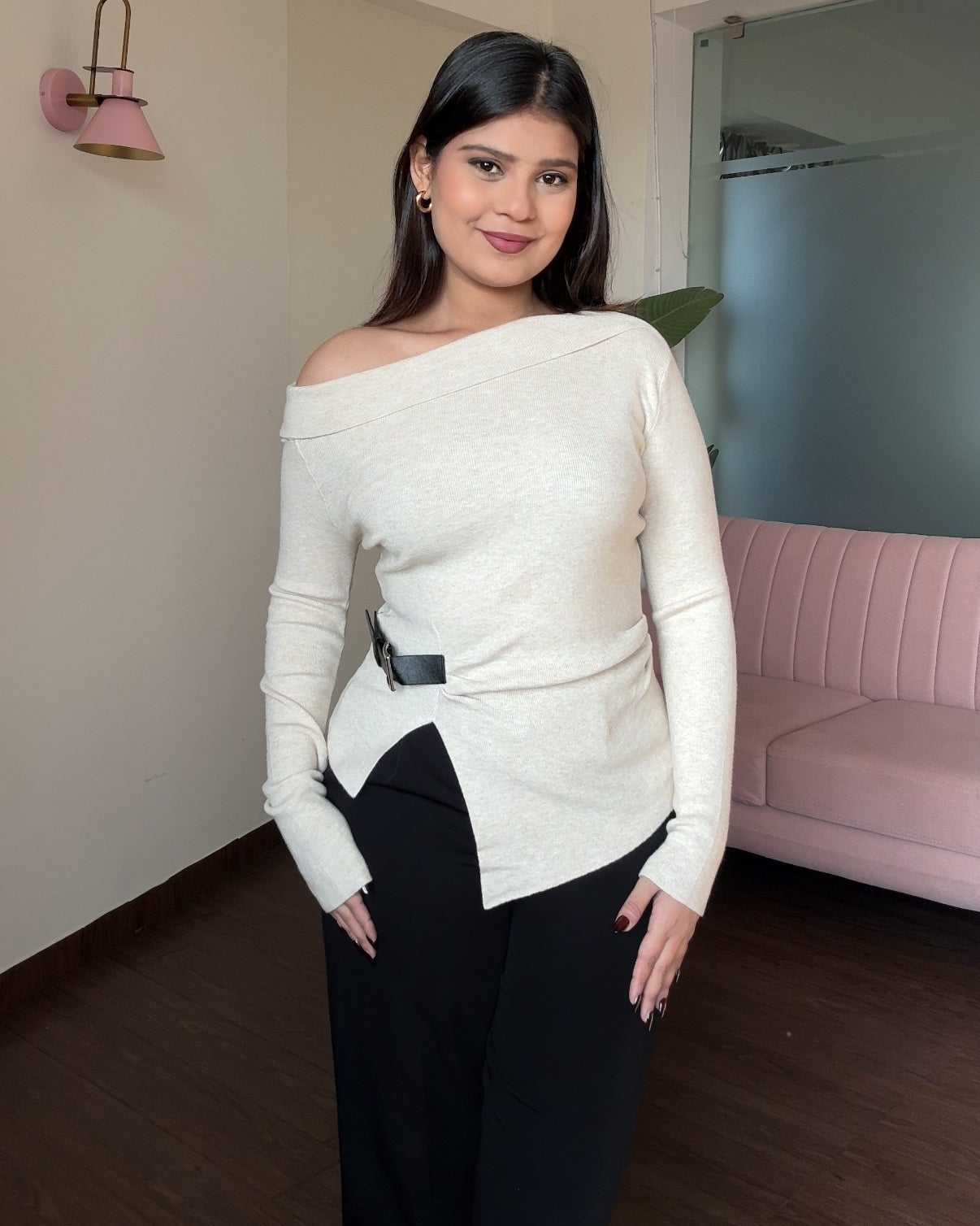 Belted Off Shoulder Knitted Top