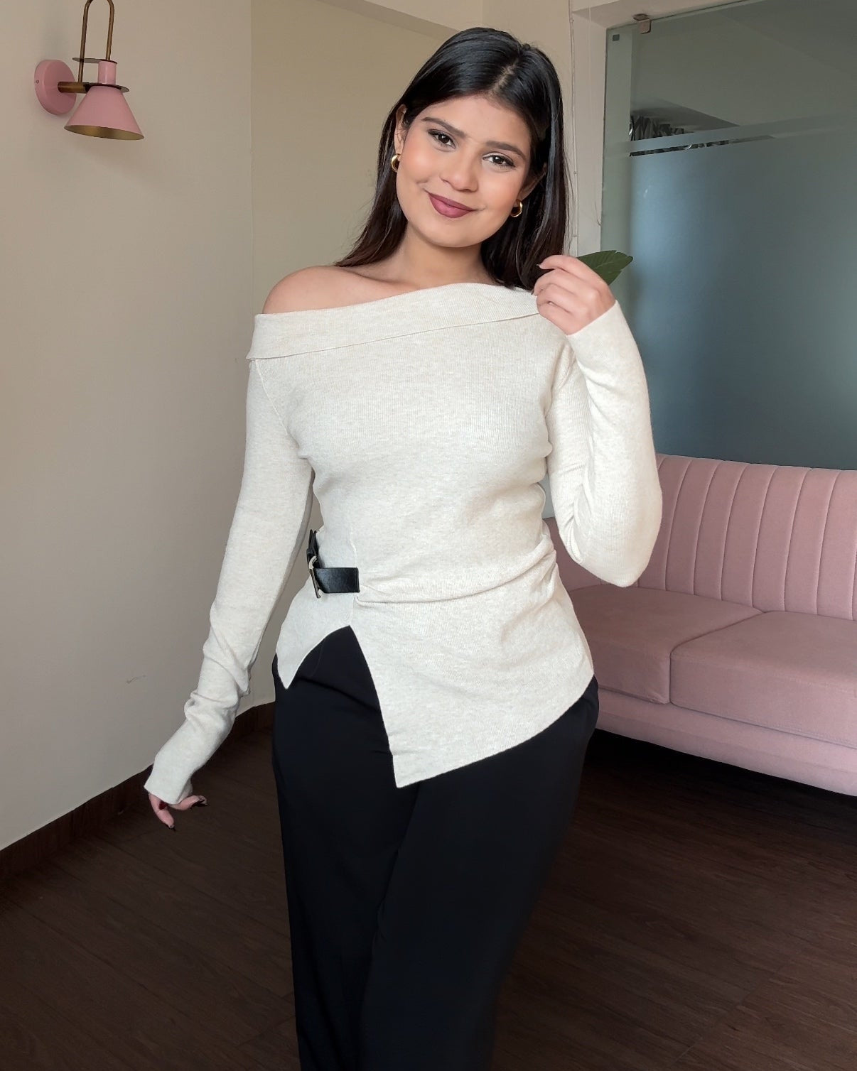 Belted Off Shoulder Knitted Top