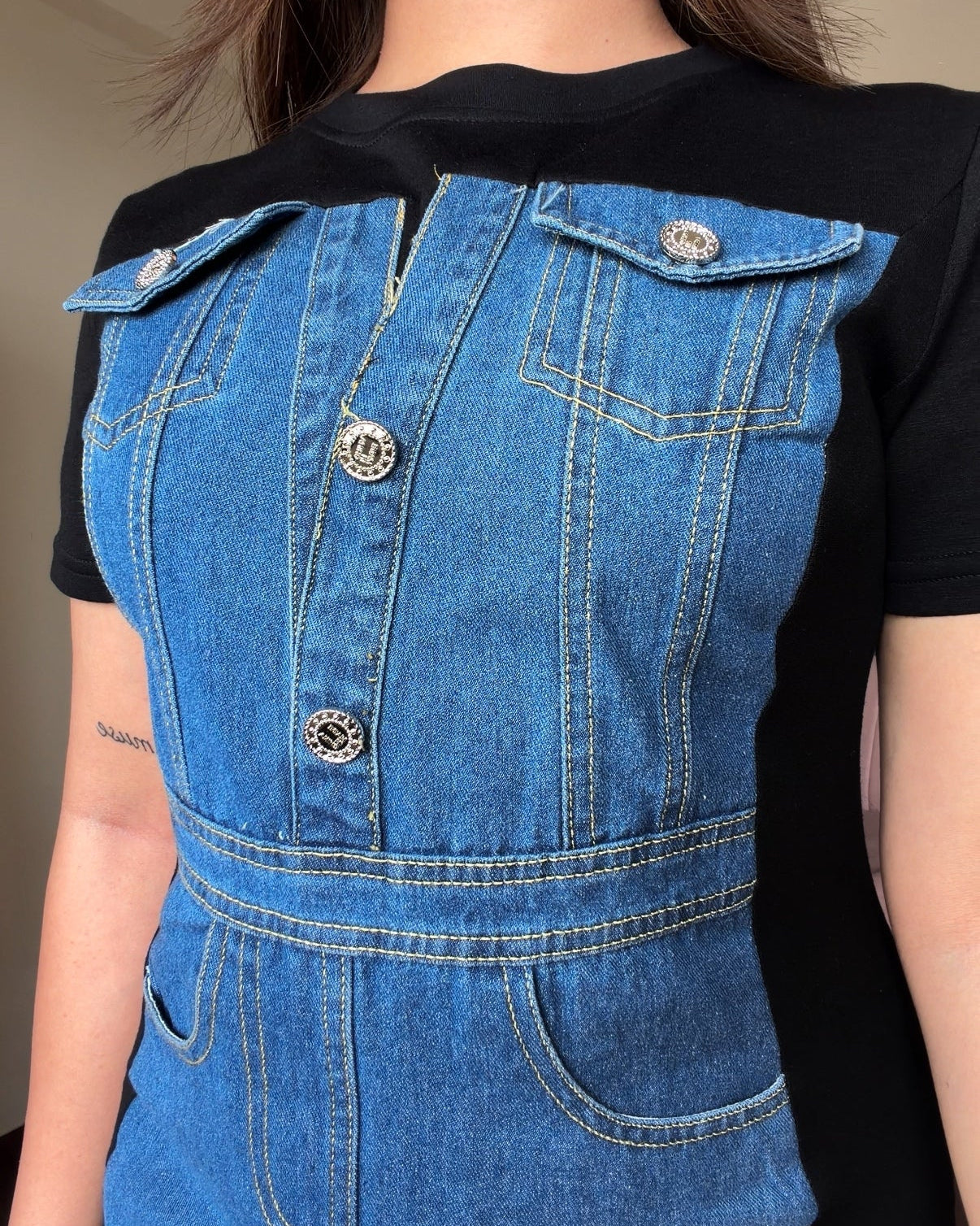 Basic Denim Contrast Detailing Midi Dress
