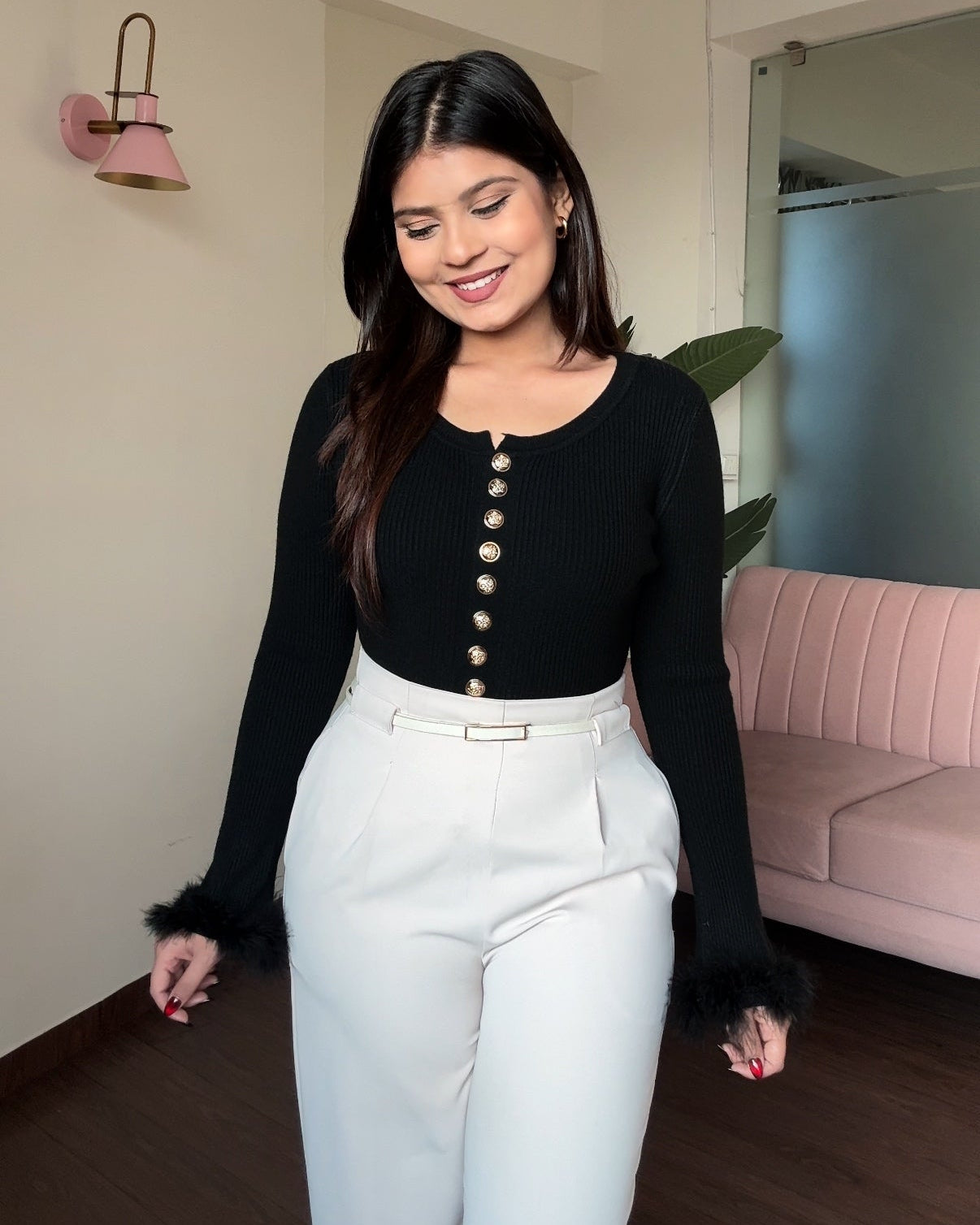 Golden Button Detailing Fur Full Sleeve Top