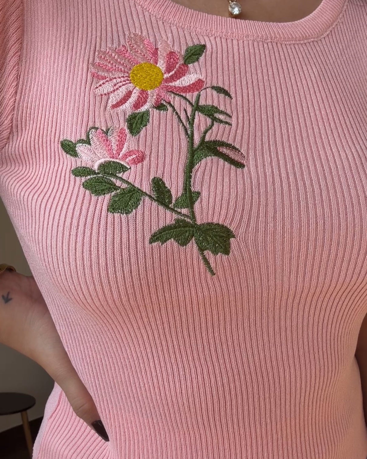 Floral Embroidered Round Neck Puff Sleeve Ribbed Top