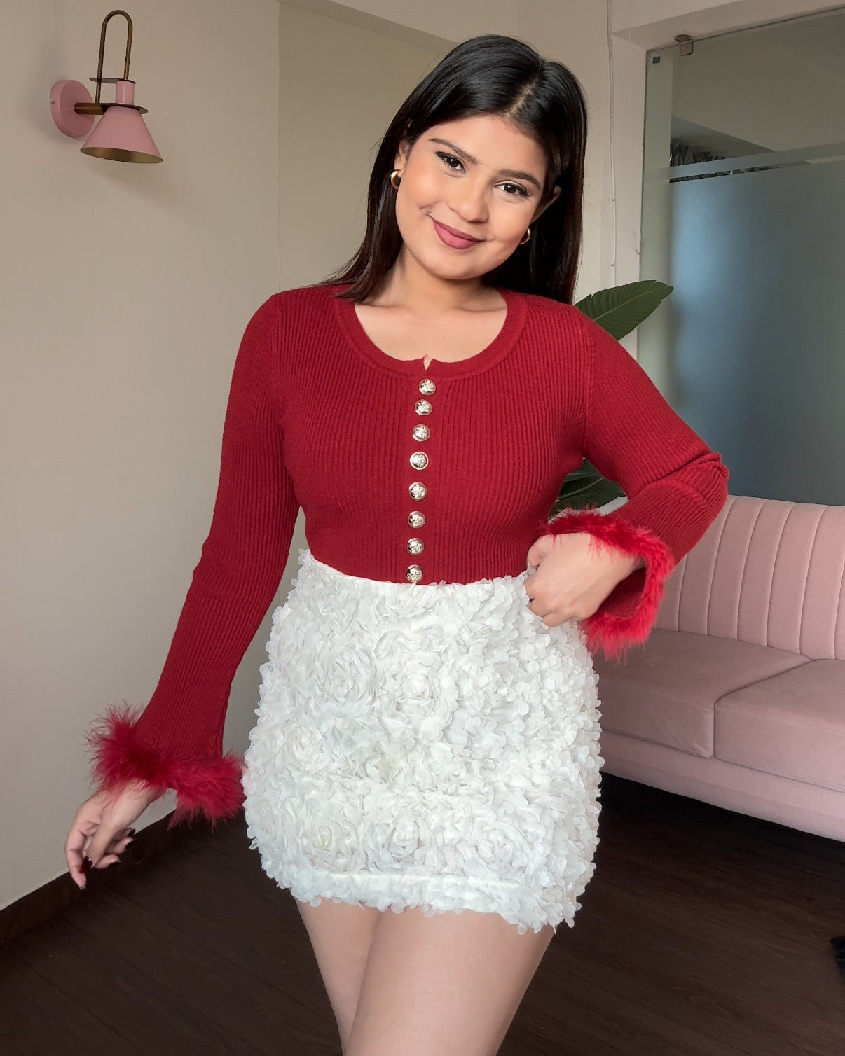 Golden Button Detailing Fur Full Sleeve Top