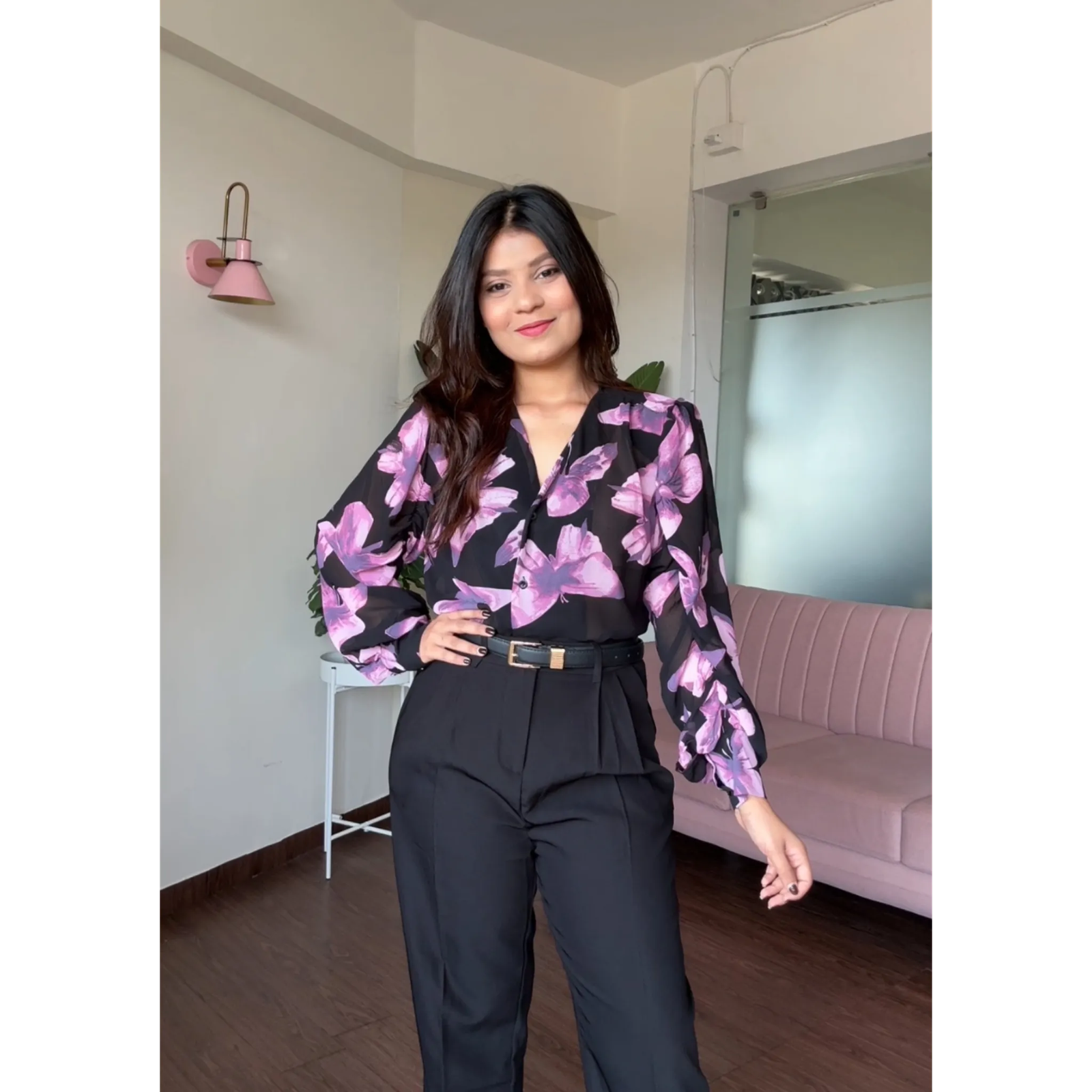 V Neck Floral Button Up Chiffon Shirt With Chocker