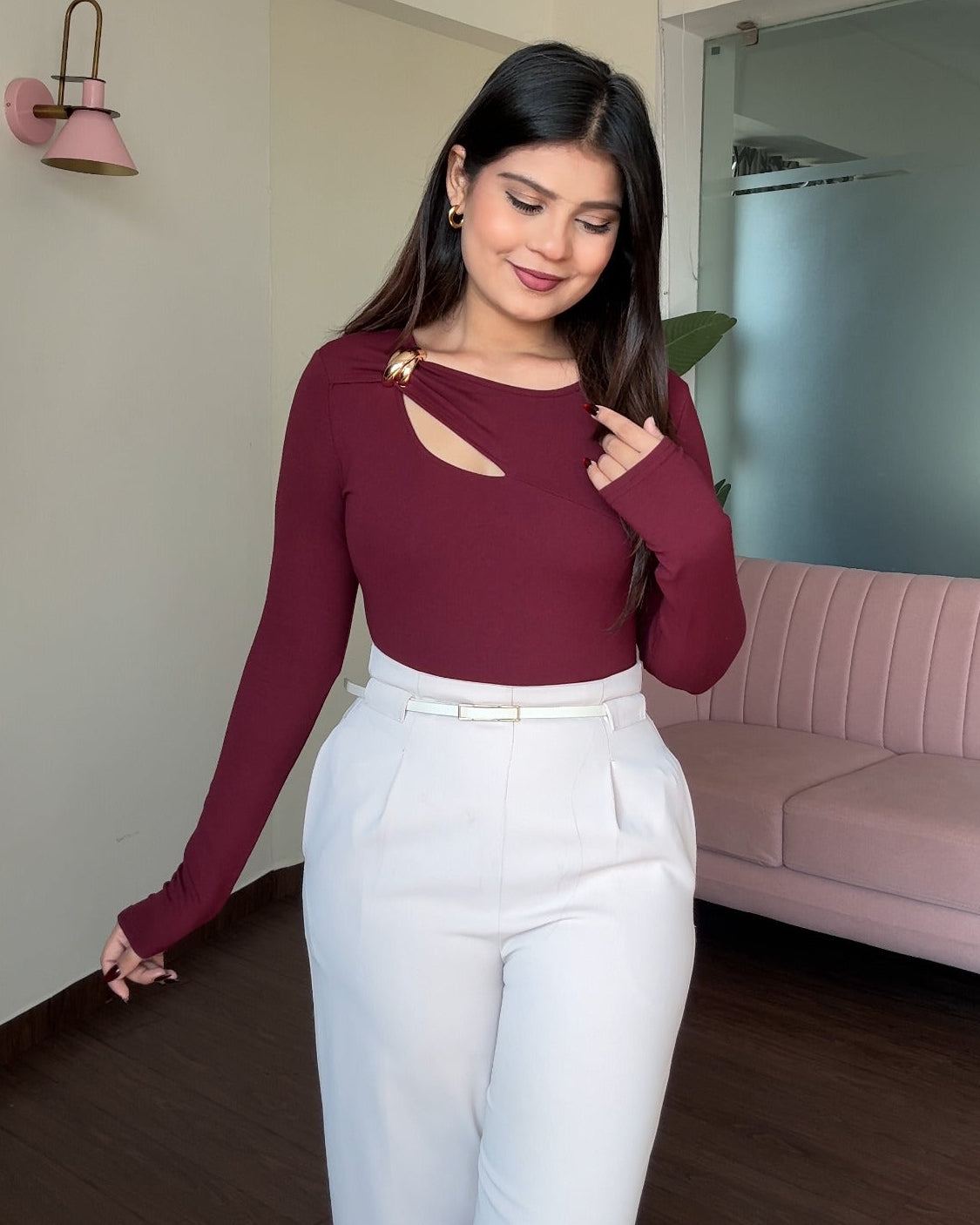 Neck Cut Out Golden Detailing Full Sleeve Top