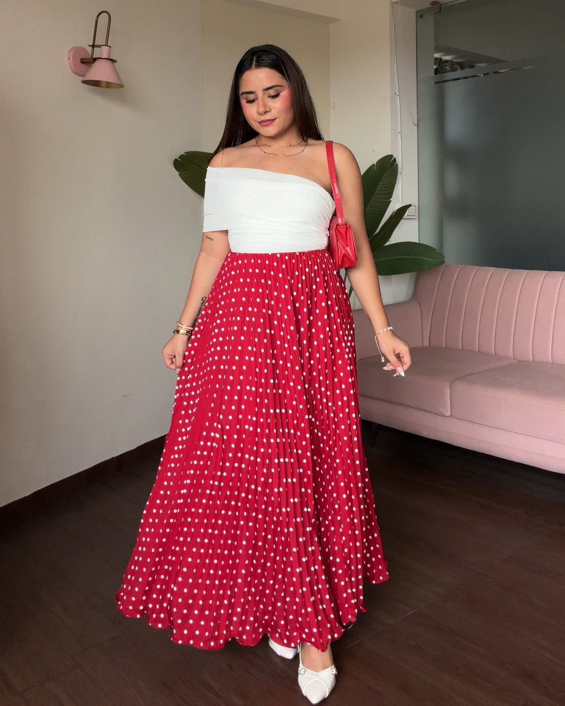 Polka Dot Pleated Midi Skirt