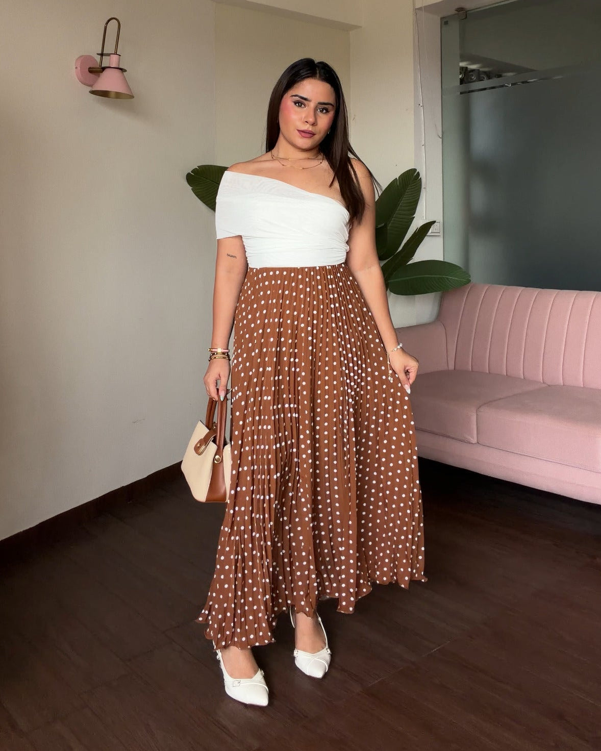Polka Dot Pleated Midi Skirt