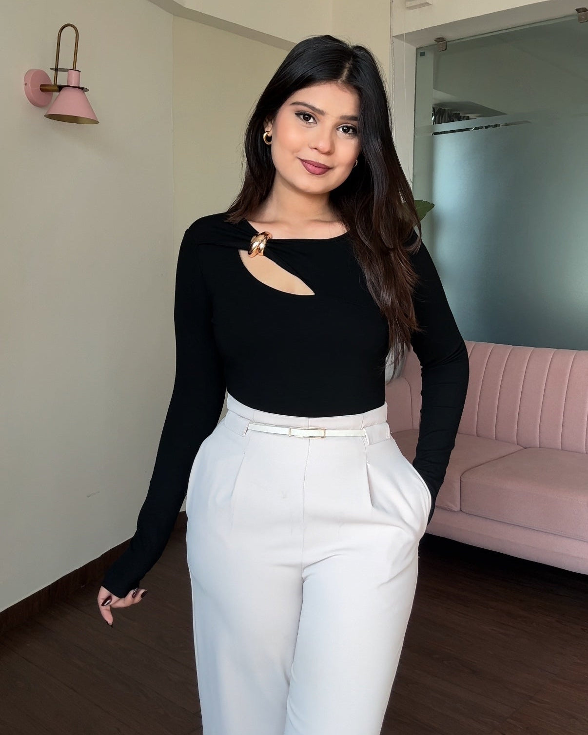 Neck Cut Out Golden Detailing Full Sleeve Top