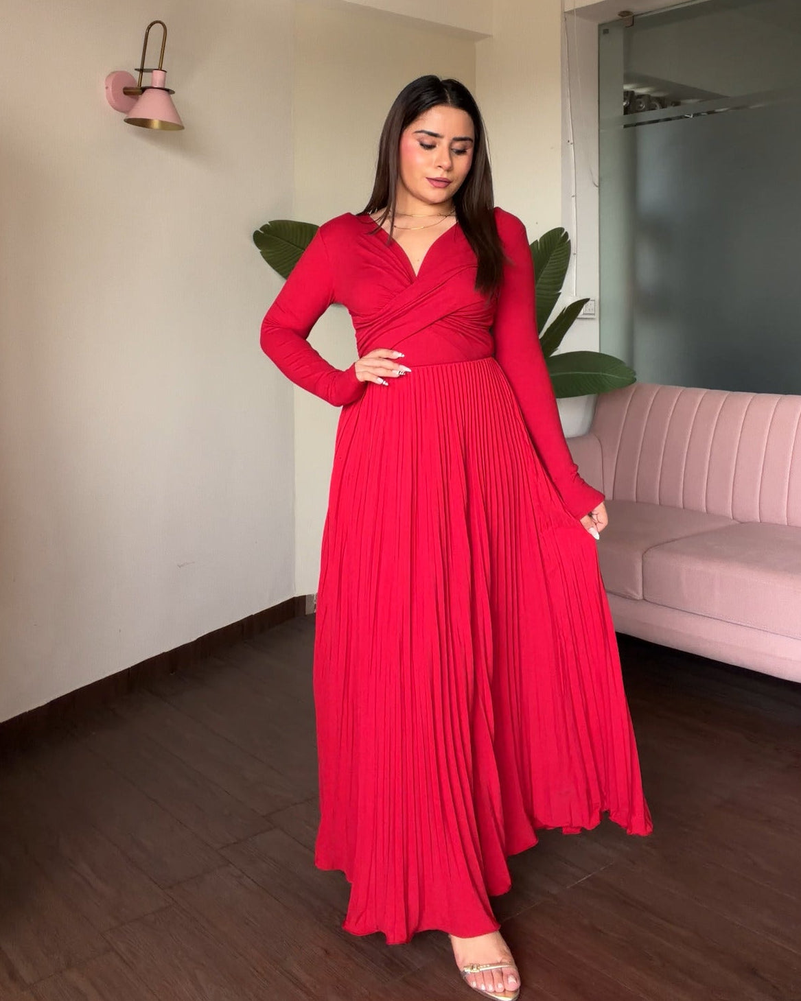 Solid Pleated Midi Skirt