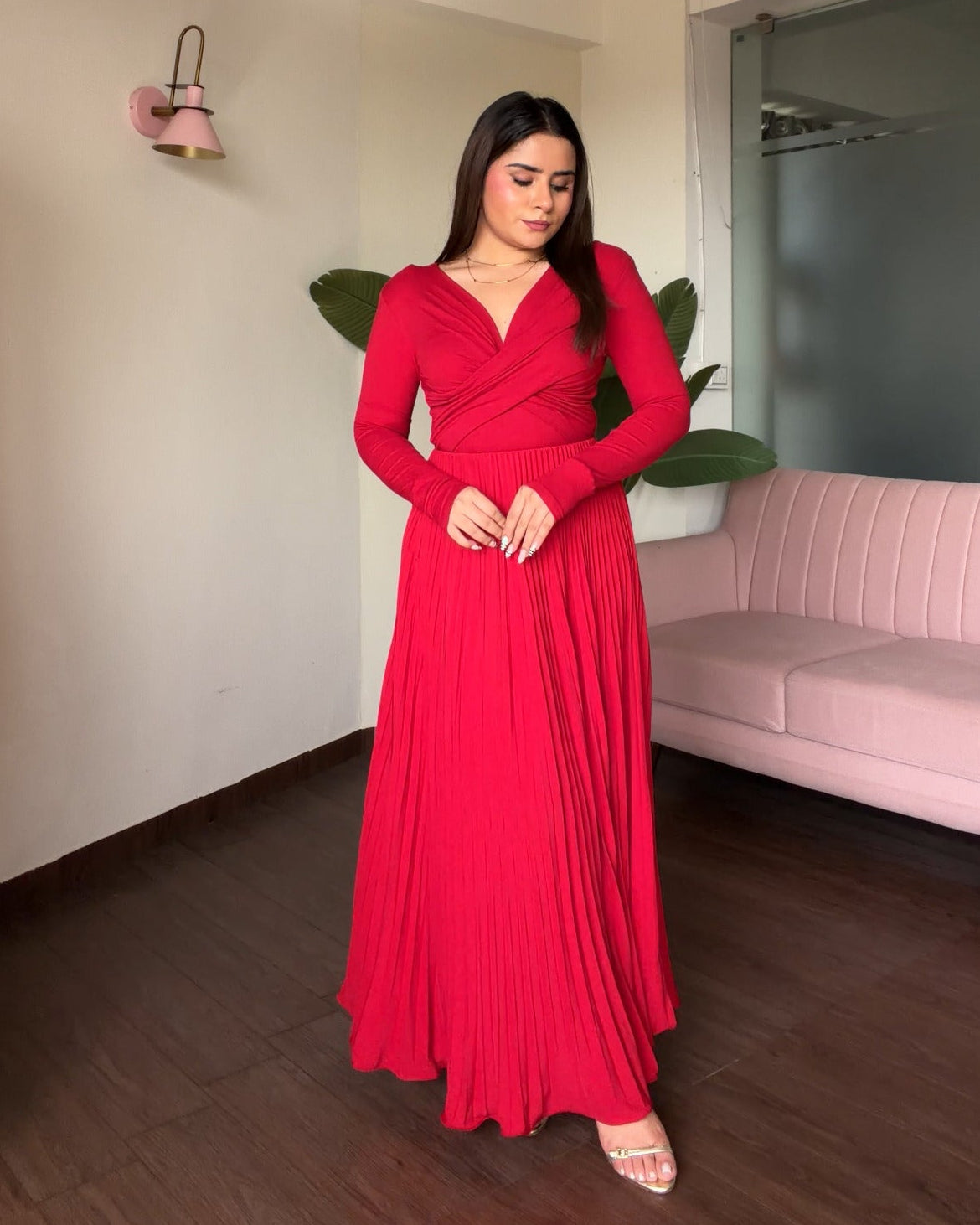 Solid Pleated Midi Skirt