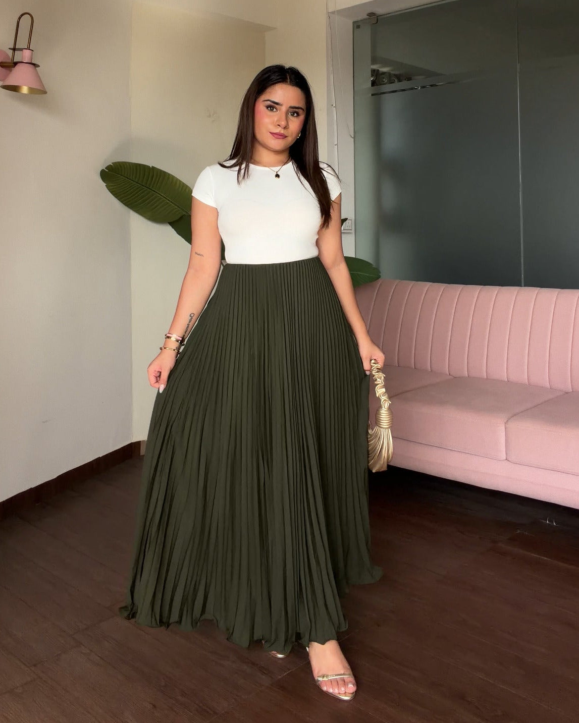 Solid Pleated Midi Skirt