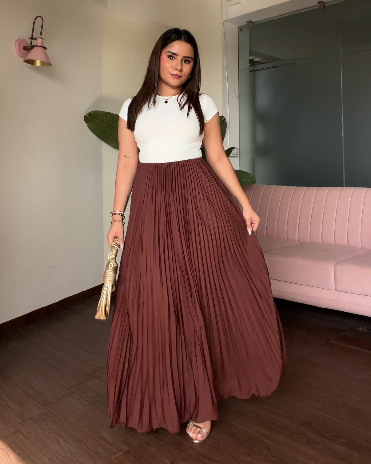 Solid Pleated Midi Skirt