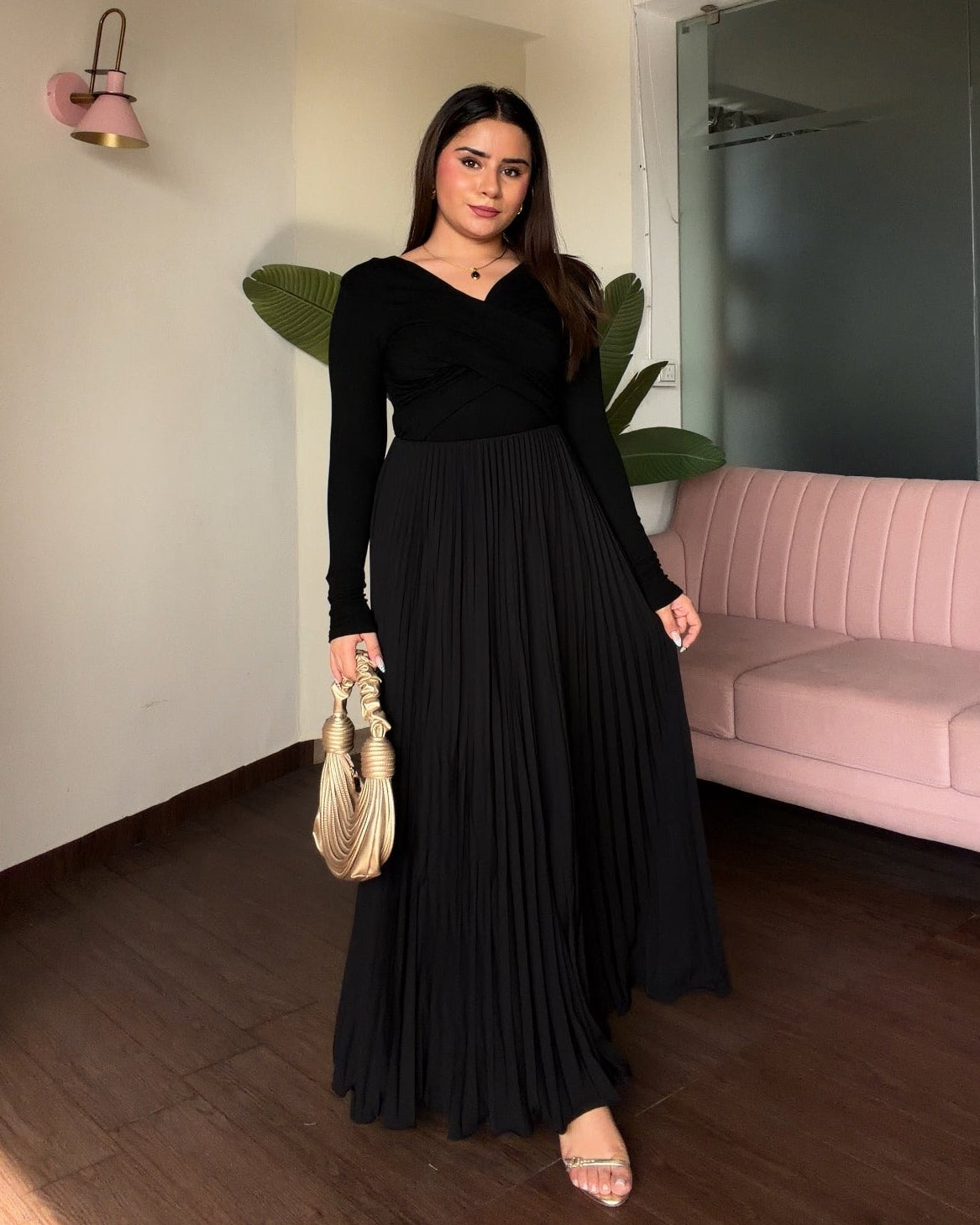 Solid Pleated Midi Skirt